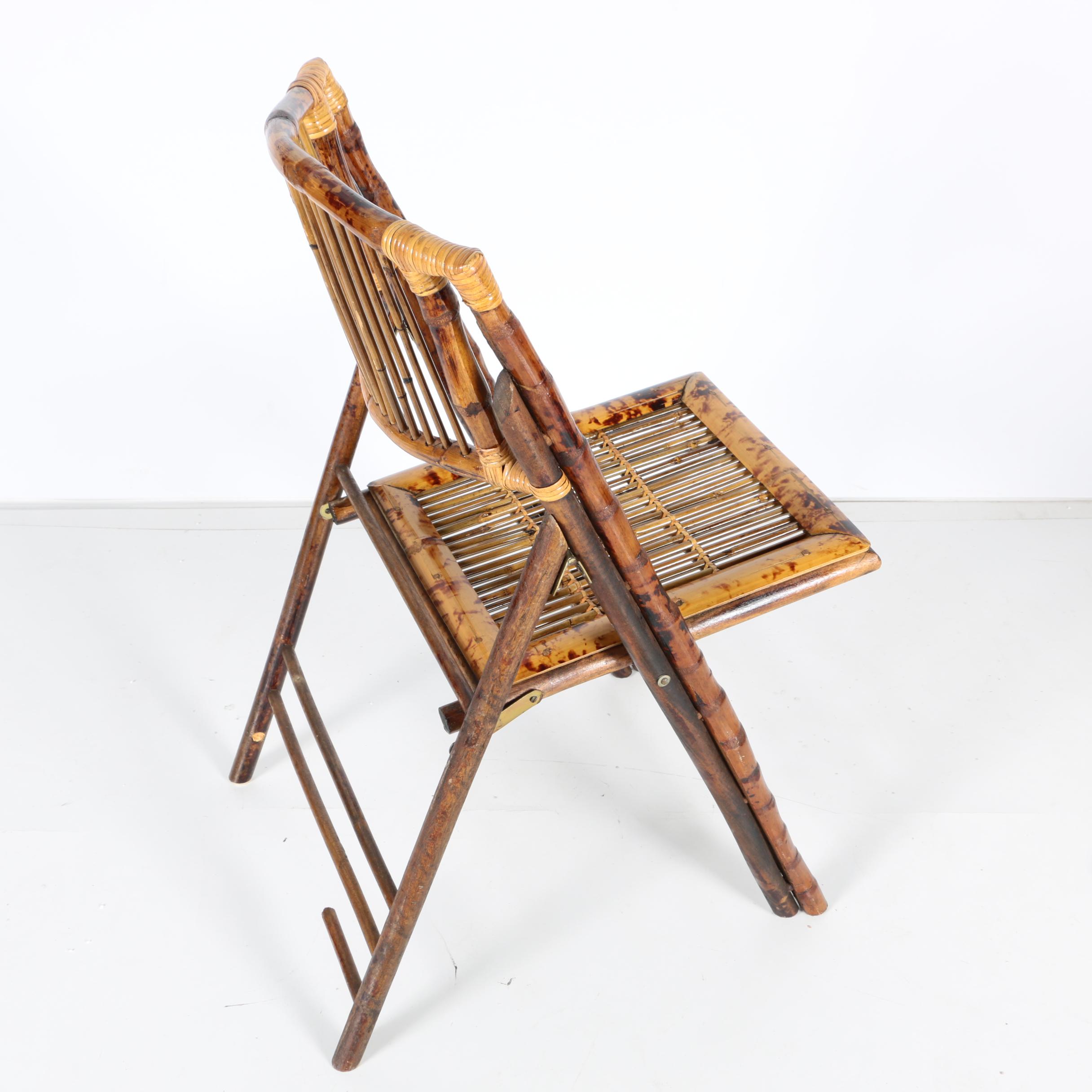 Six Wooden Folding Chairs with Reed and Bamboo Motif