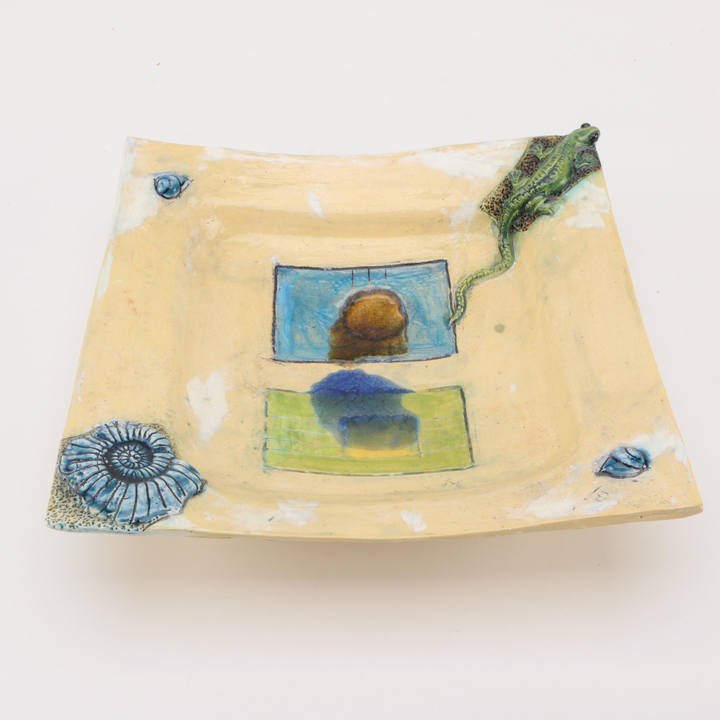 Signed Handbuilt Stoneware Platter with Relief Decoration