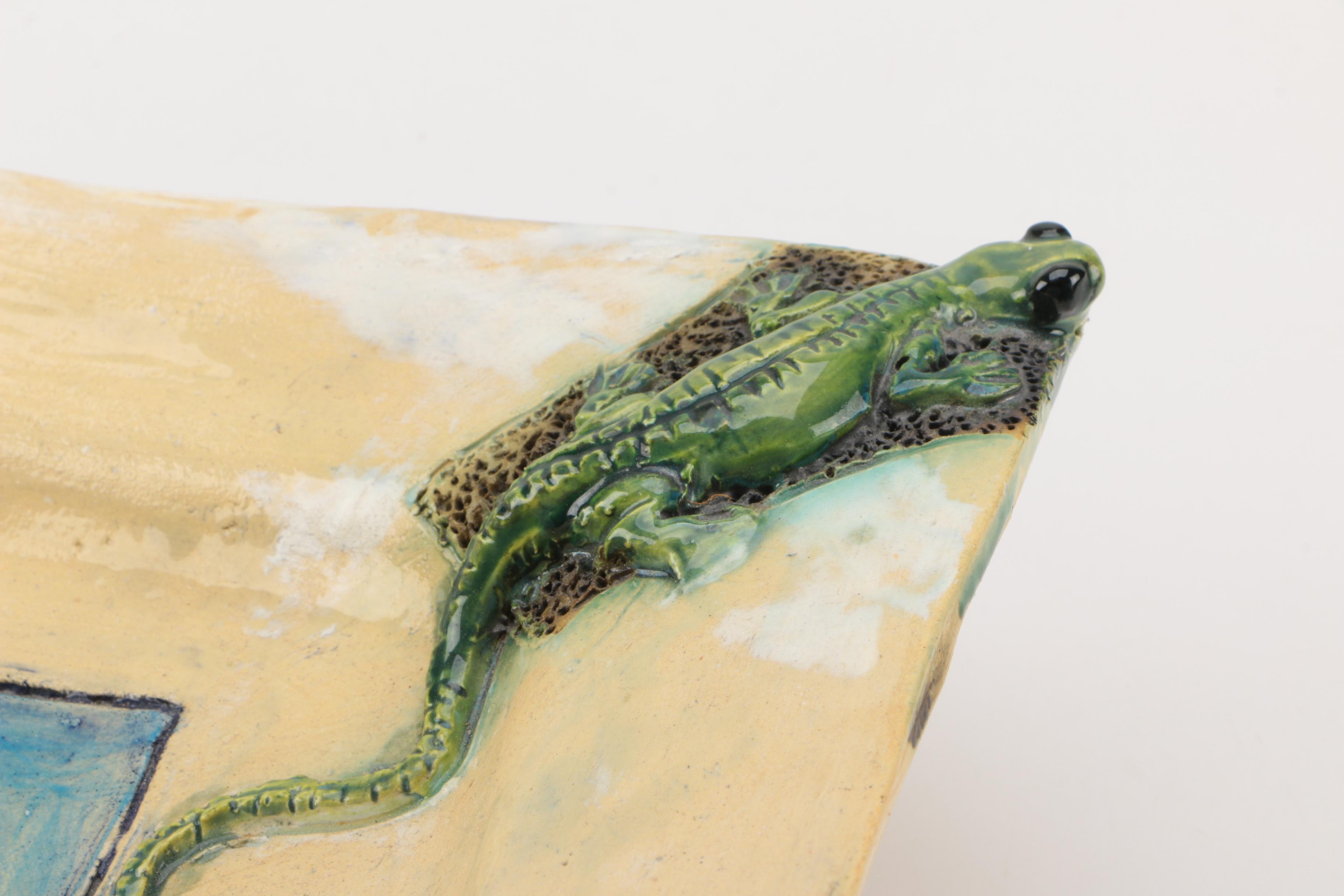 Signed Handbuilt Stoneware Platter with Relief Decoration