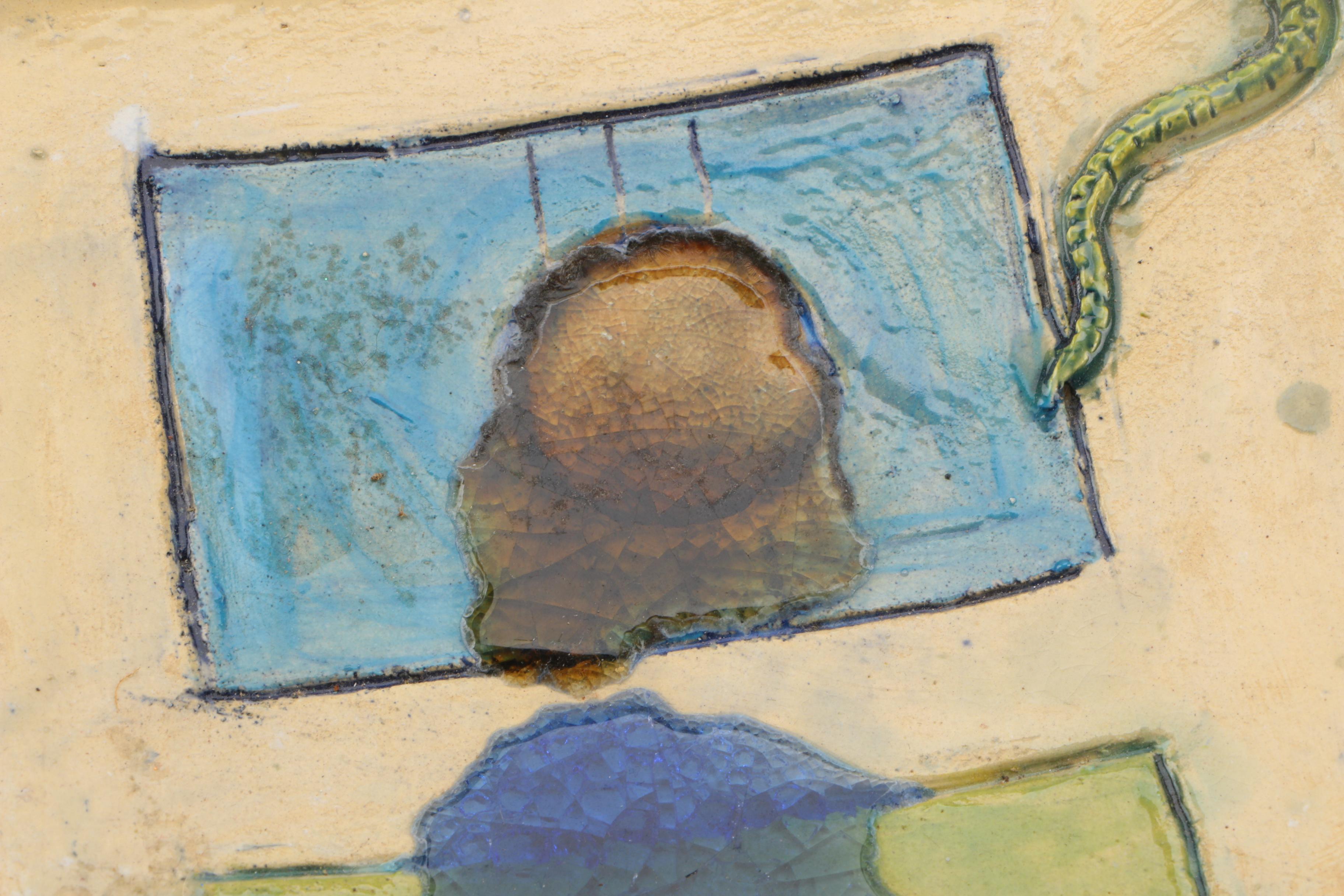 Signed Handbuilt Stoneware Platter with Relief Decoration