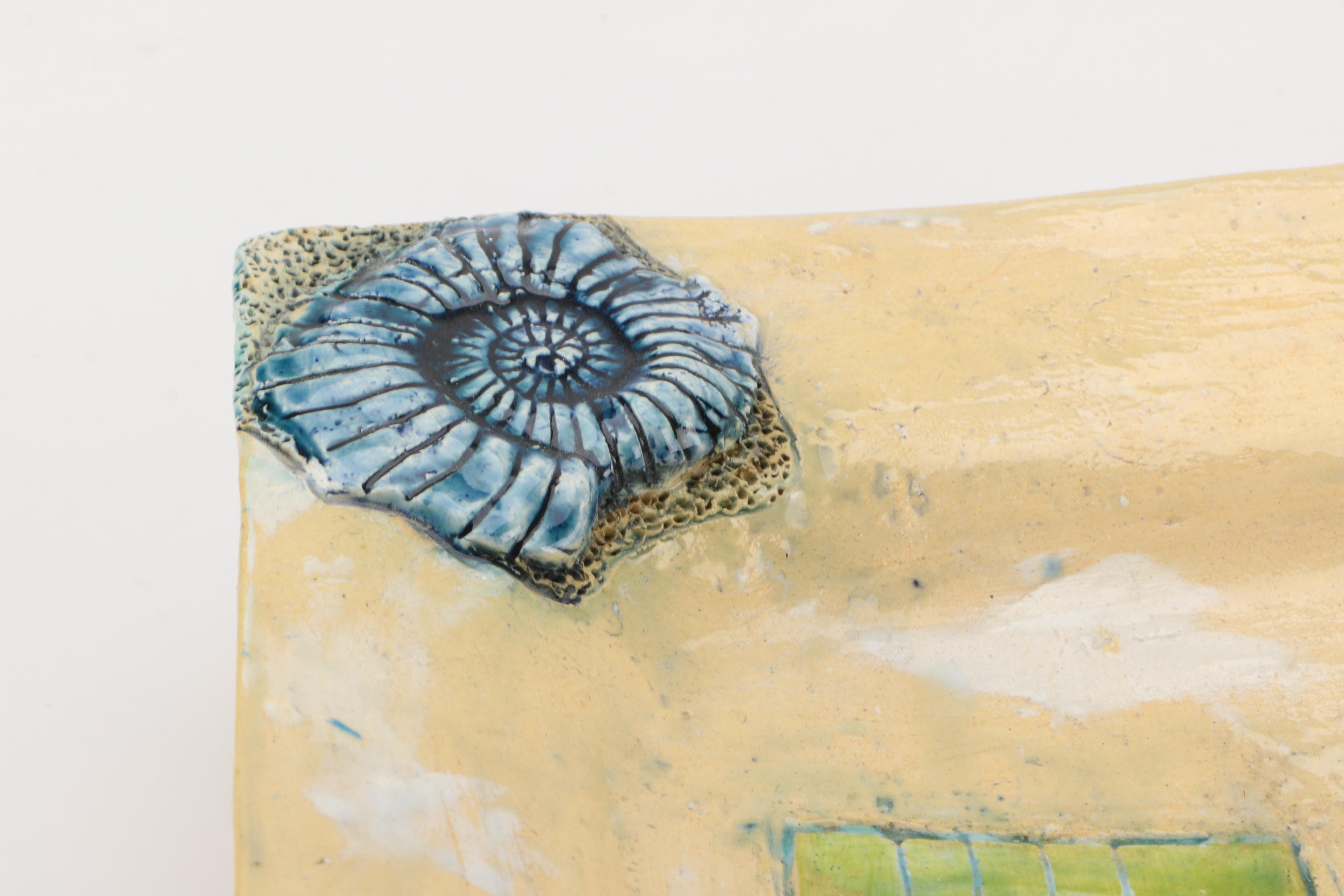 Signed Handbuilt Stoneware Platter with Relief Decoration