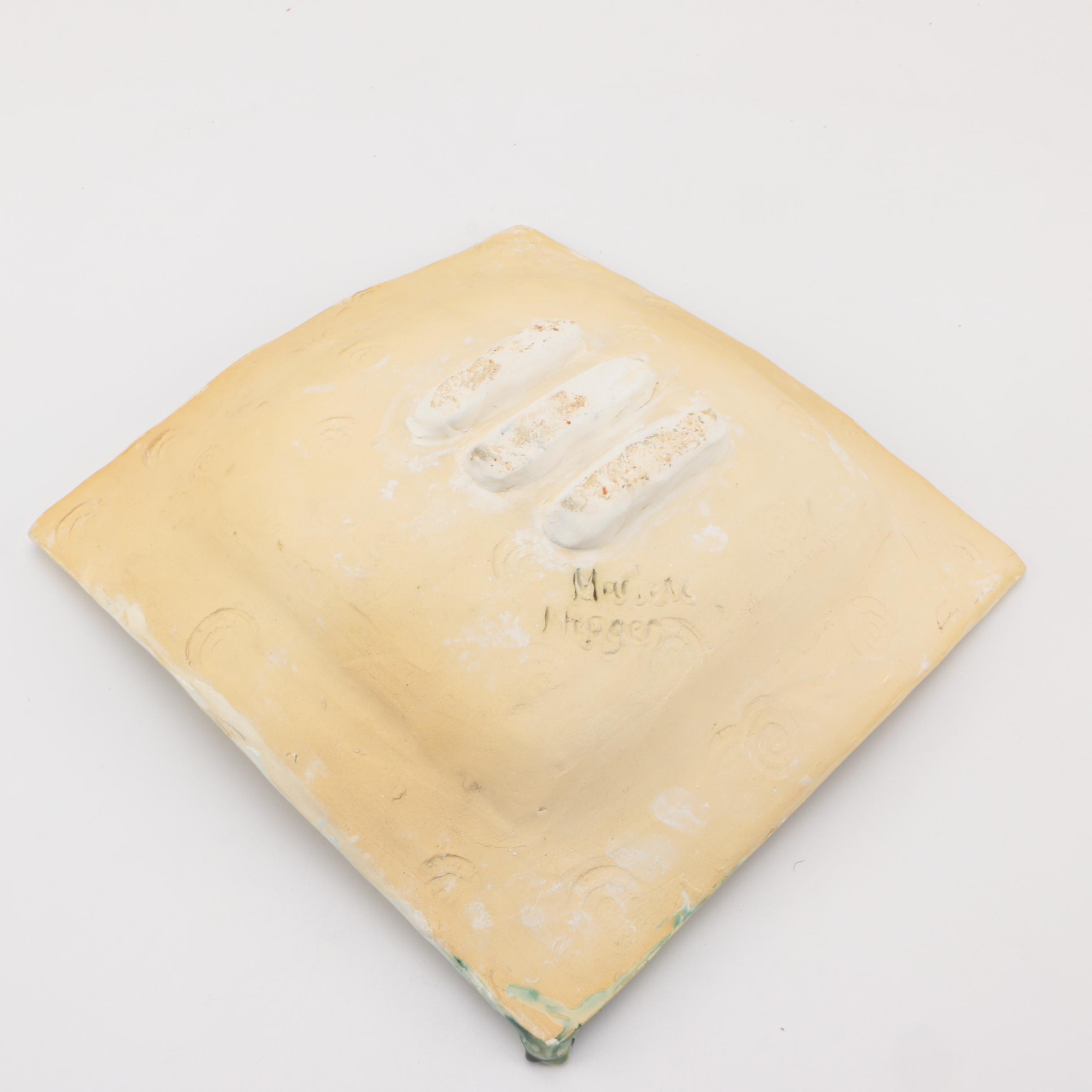 Signed Handbuilt Stoneware Platter with Relief Decoration