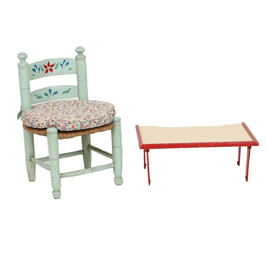 Vintage Folk-Painted Child's Chair and Breakfast Tray