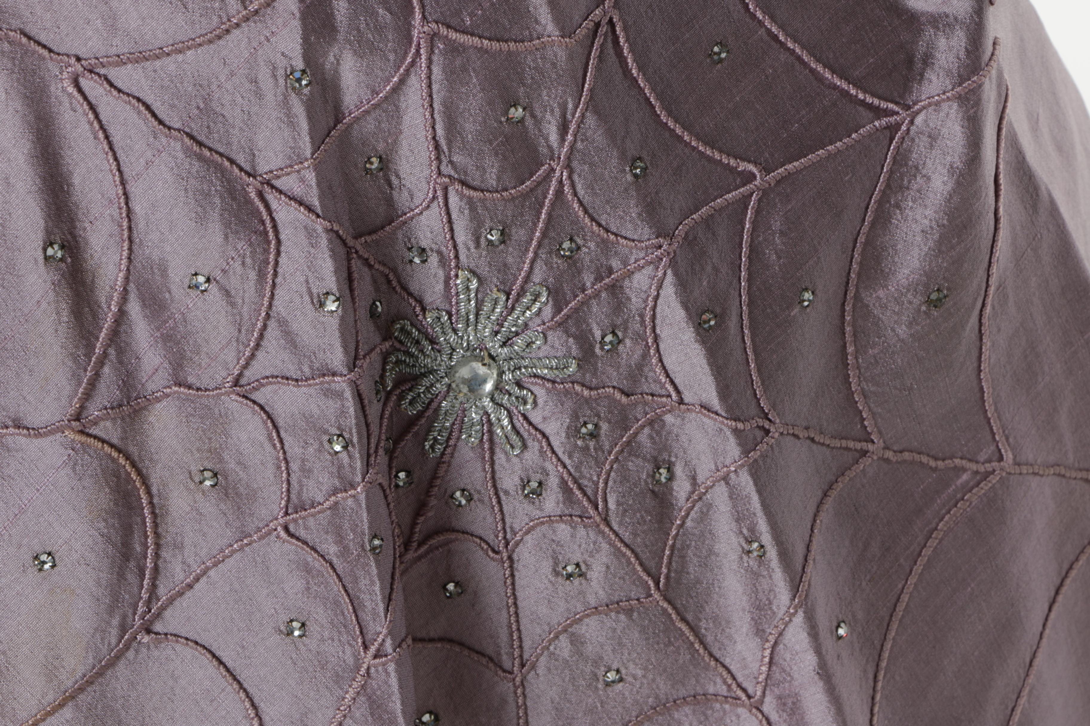 Circa 1950s Vintage Spiderweb Motif Rhinestone and Taffeta Cocktail Dress