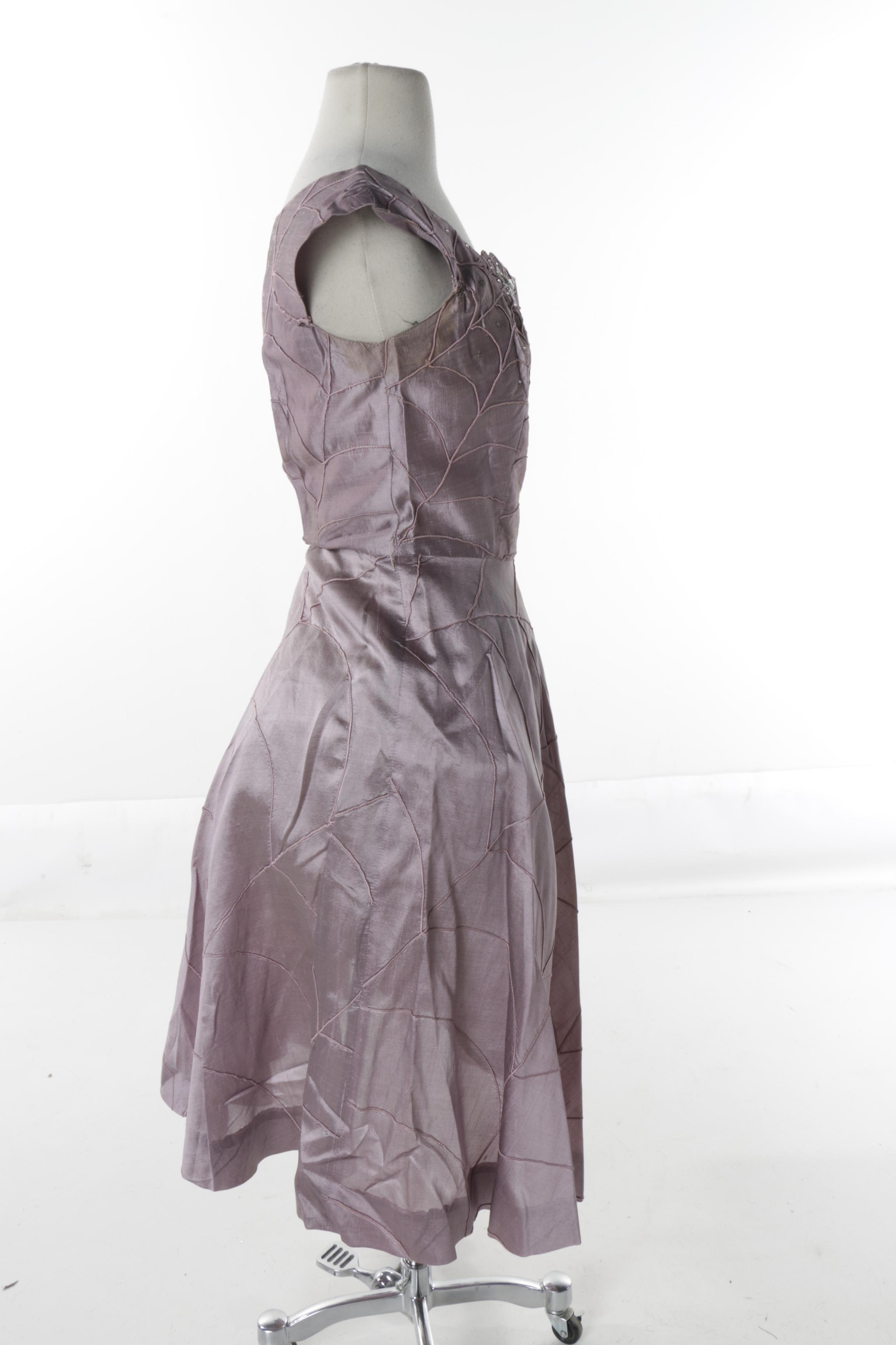 Circa 1950s Vintage Spiderweb Motif Rhinestone and Taffeta Cocktail Dress