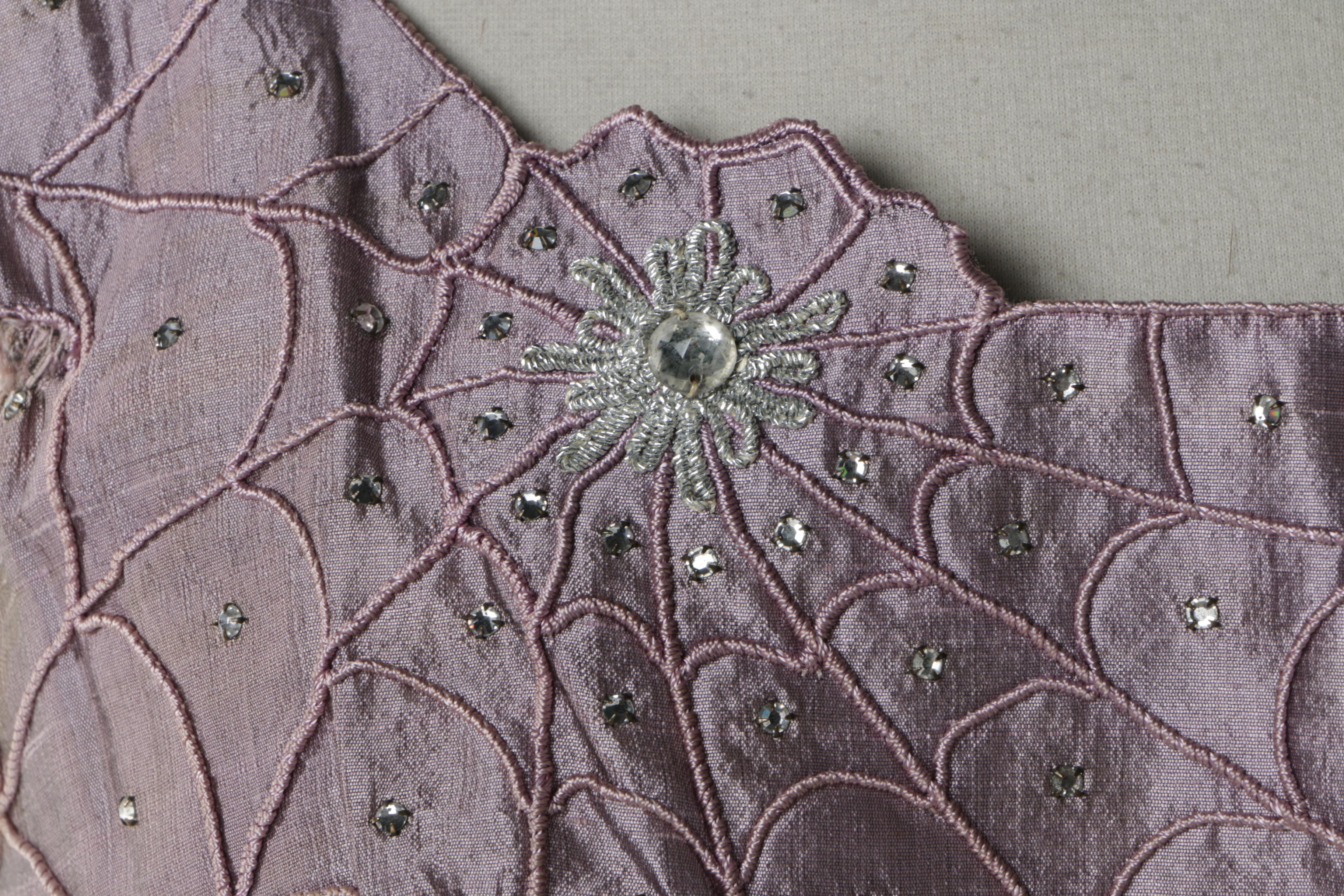 Circa 1950s Vintage Spiderweb Motif Rhinestone and Taffeta Cocktail Dress