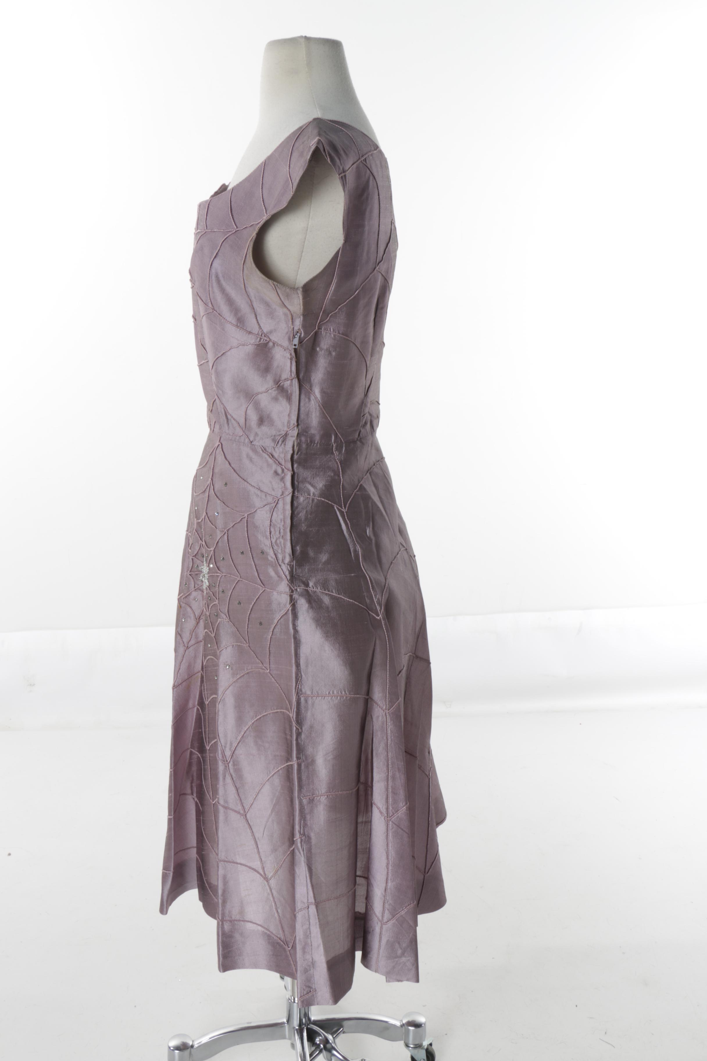 Circa 1950s Vintage Spiderweb Motif Rhinestone and Taffeta Cocktail Dress