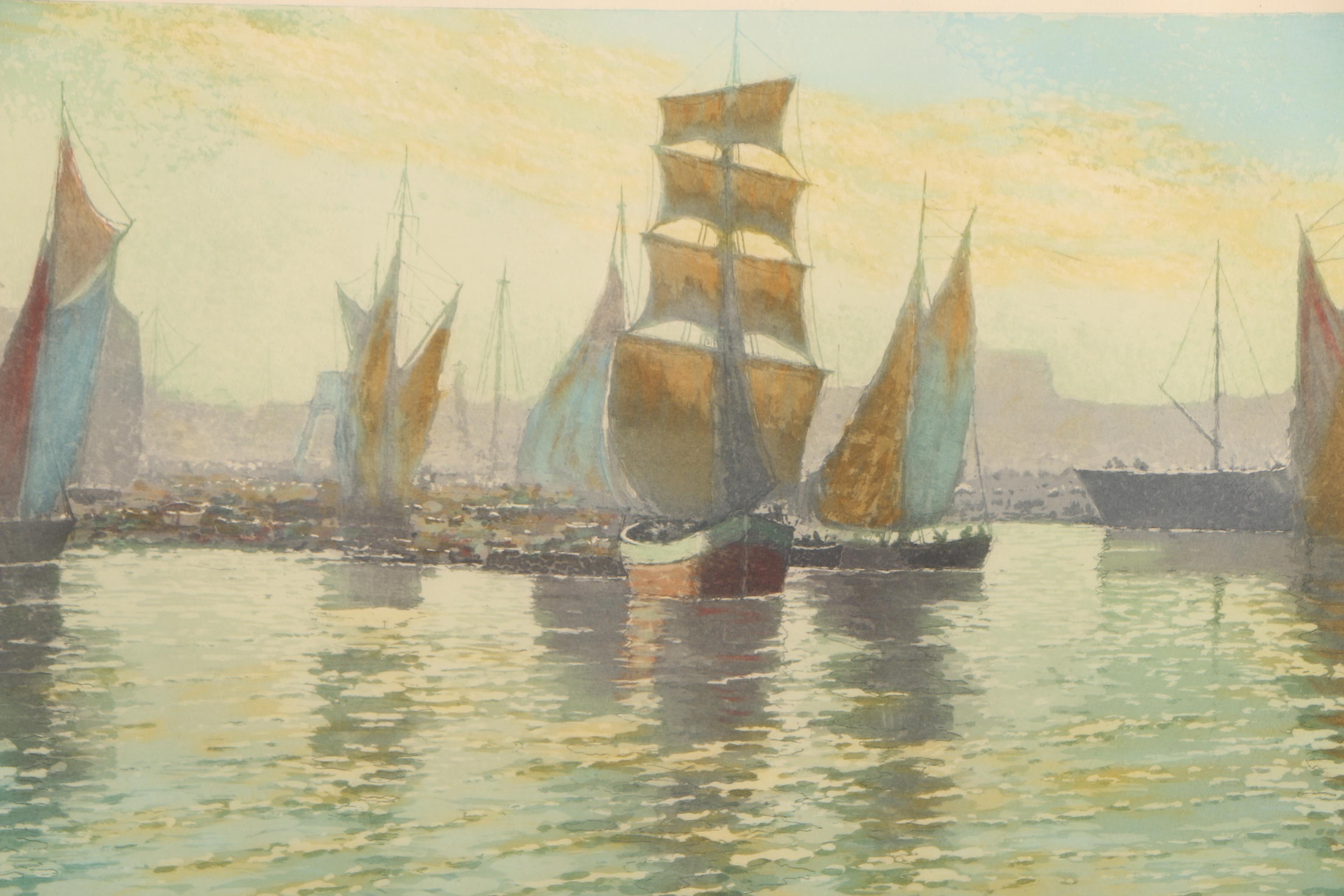 J.T. Harwood 1930 Etching with Aquatint "In the Harbor - Nice"