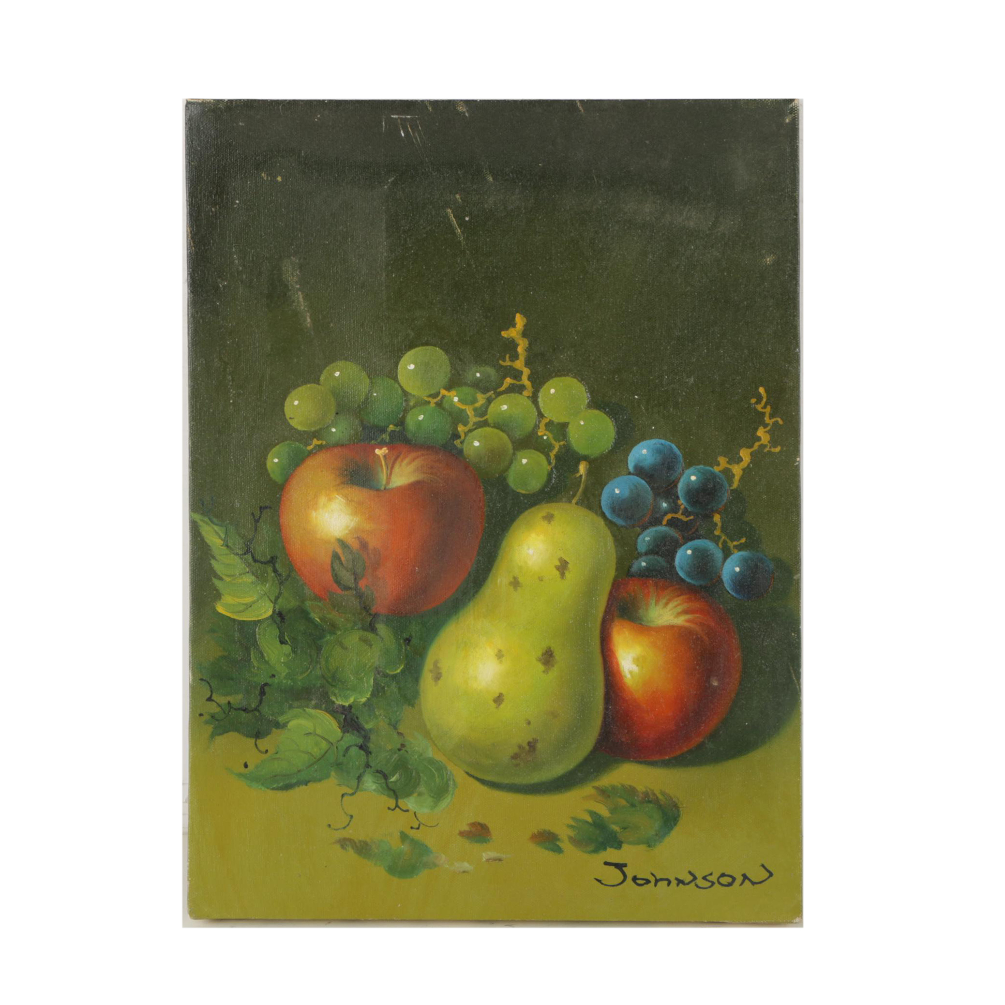 Johnson Oil Painting of Still Life with Pear, Apples and Grapes