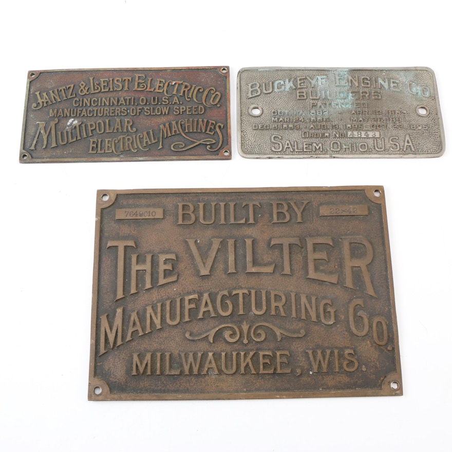 Jantz & Leist Electric Co, Buckeye Engine Co, Vilter Mfg. Co. Metal Name Plates
