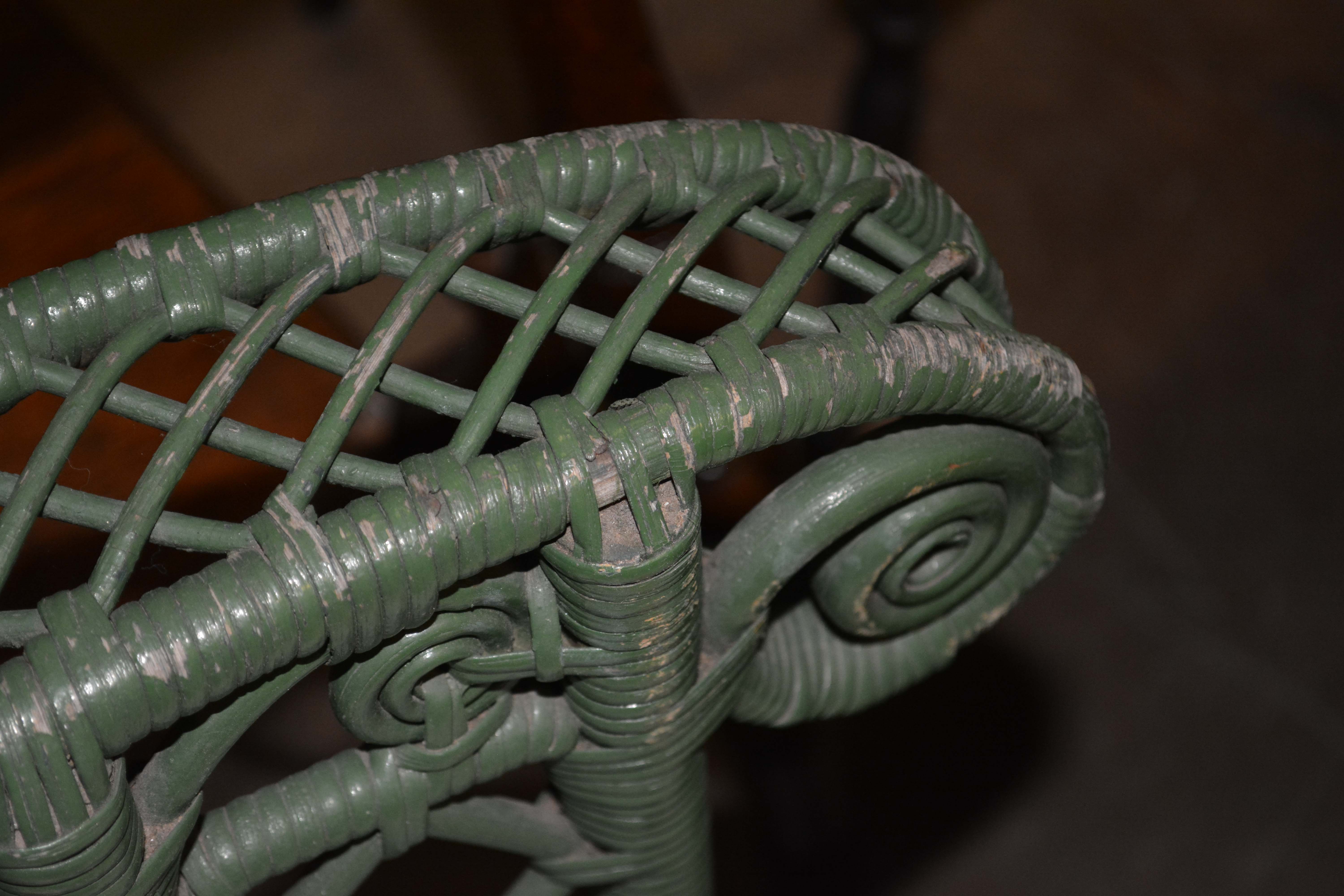 Antique Green Wicker Peacock Platform Rocker