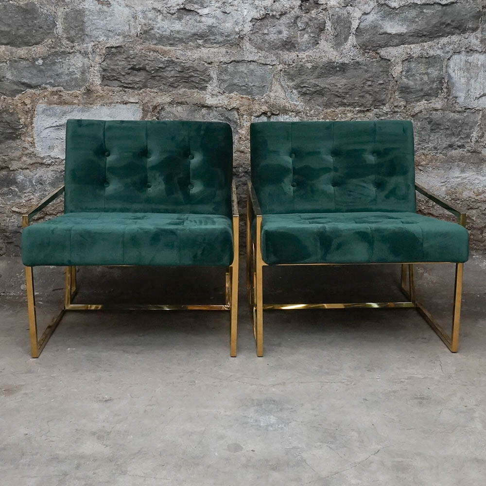 Pair of Green Faux Velvet Arm Chairs