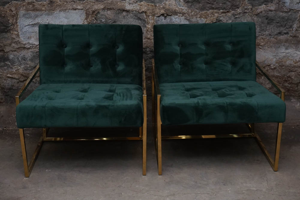 Pair of Green Faux Velvet Arm Chairs