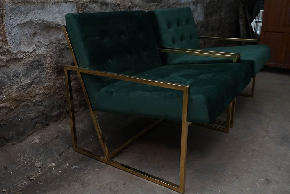 Pair of Green Faux Velvet Arm Chairs