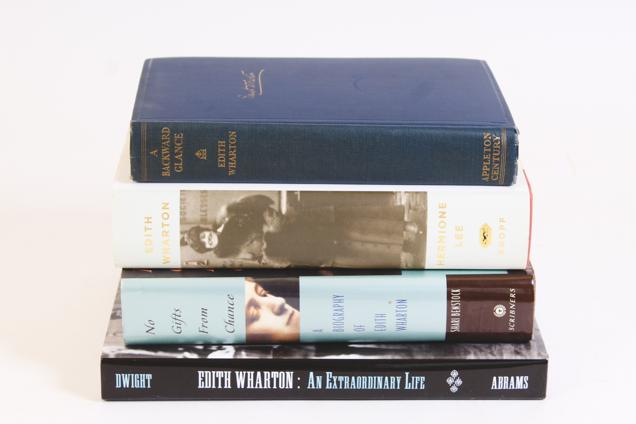 First Edition "A Backward Glance" by Edith Wharton, Wharton Biographies and Lamp