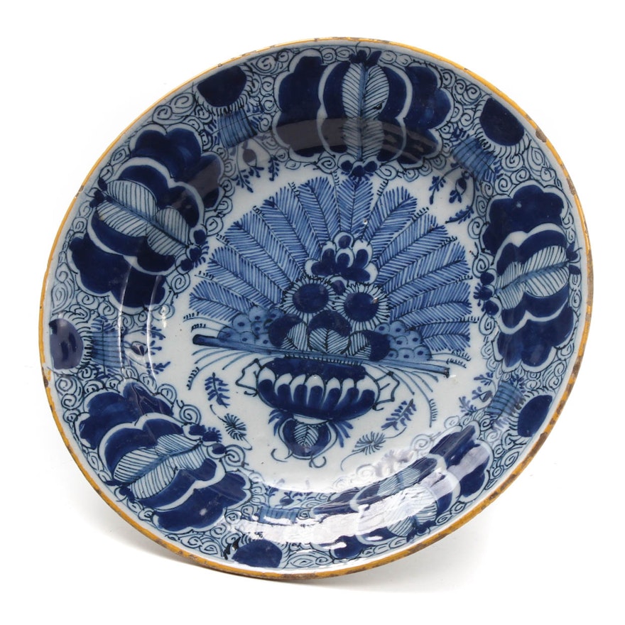 Antique 18th Century Blue and White "Peacock" Dutch Delft Plate