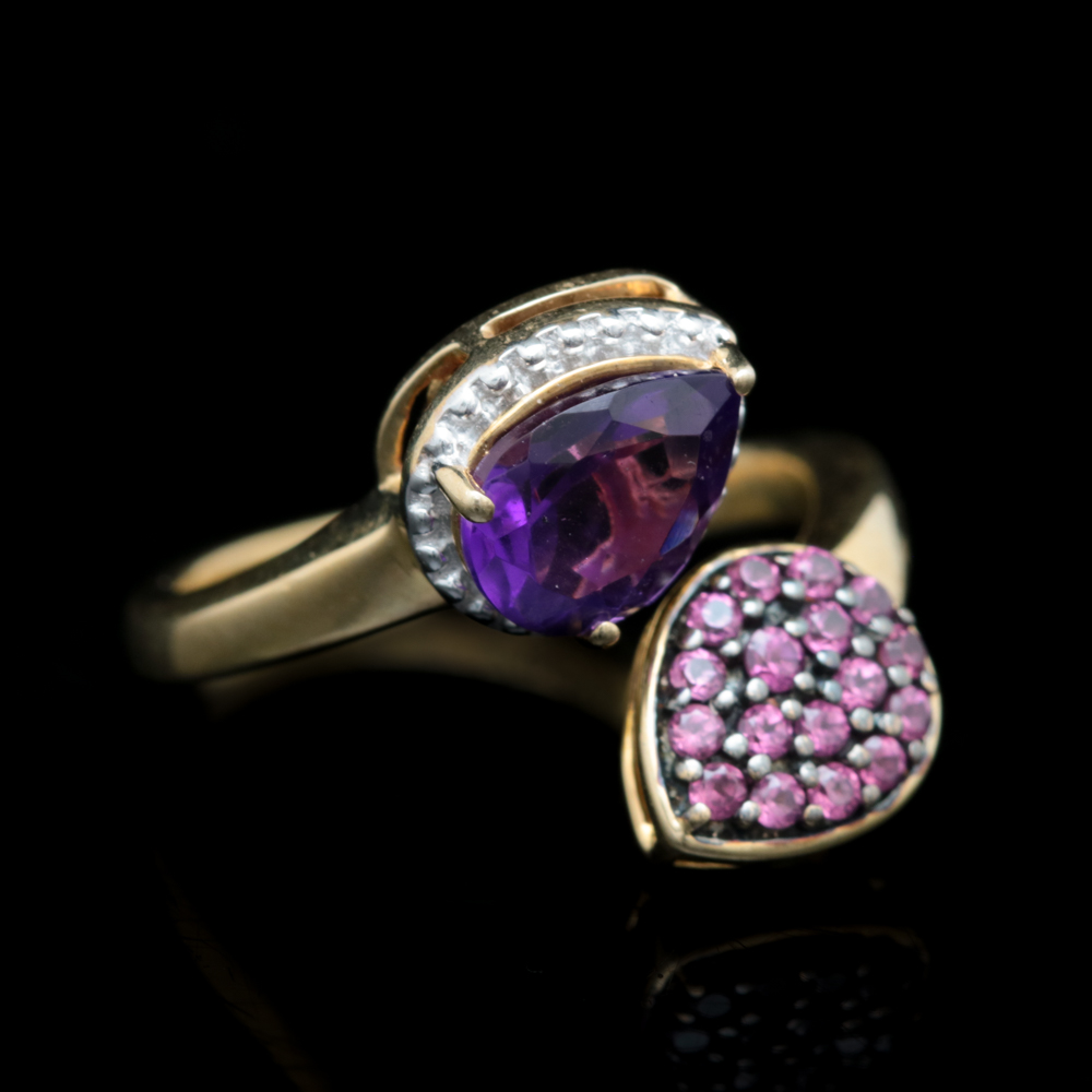 Gold Wash on Sterling Silver, Amethyst and Pink Tourmaline Ring