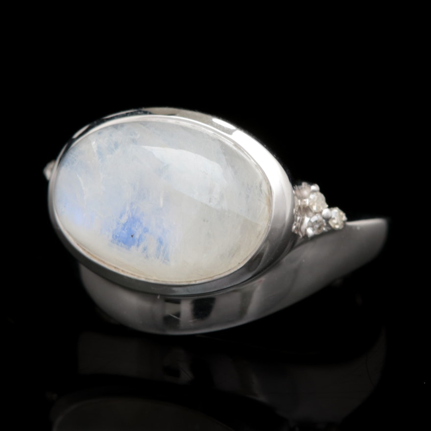Sterling Silver, Moonstone and Diamond Ring
