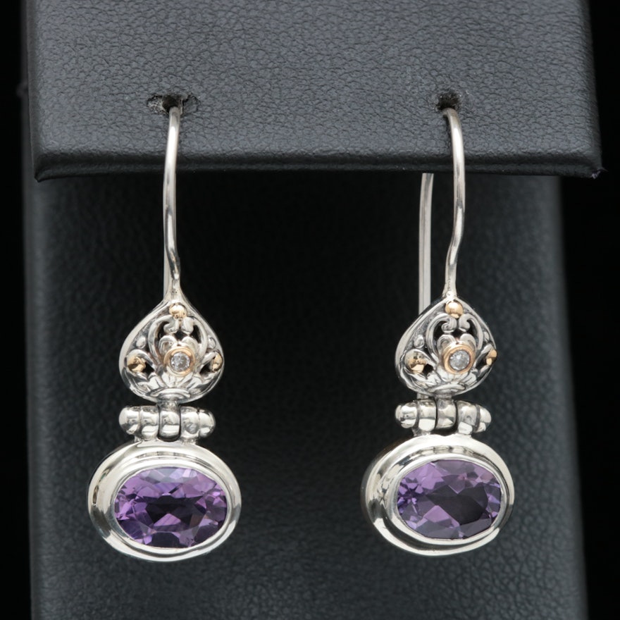 Sterling Silver, 18K Yellow Gold, Amethyst and Diamond Dangle Earrings