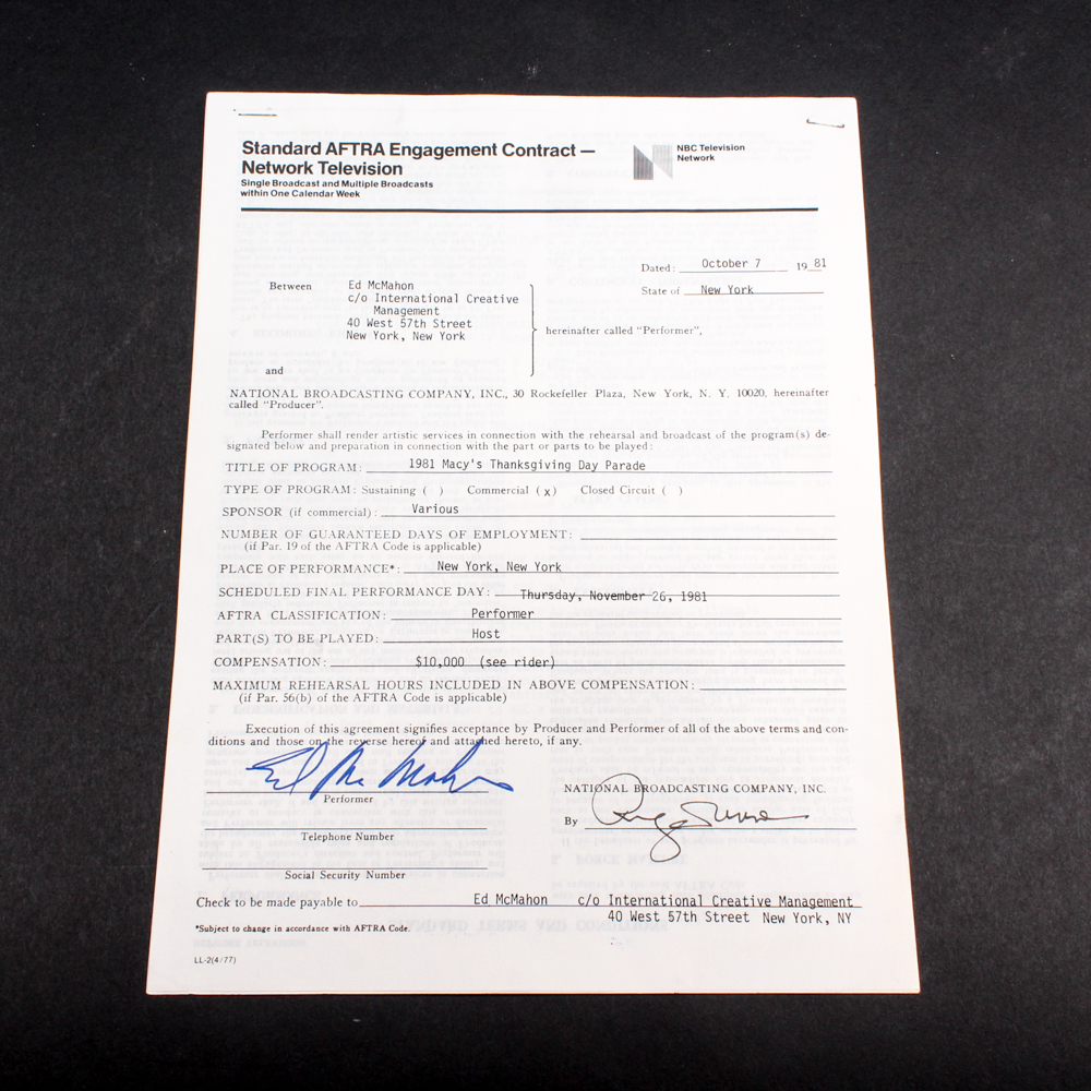 Ed McMahon Autographed NBC 1981 Macy's Thanksgiving Parade Contract