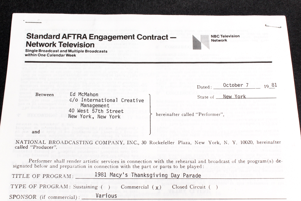 Ed McMahon Autographed NBC 1981 Macy's Thanksgiving Parade Contract