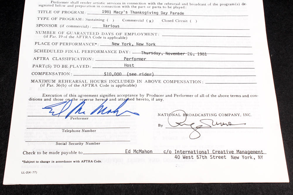 Ed McMahon Autographed NBC 1981 Macy's Thanksgiving Parade Contract