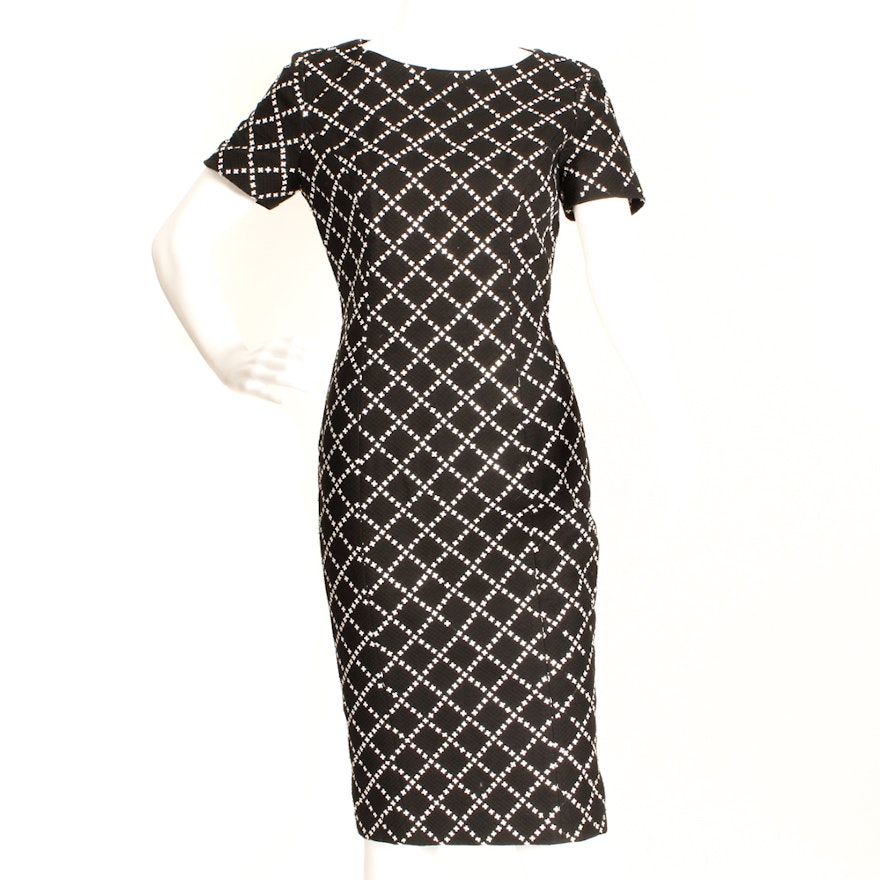 Pam McMahon Flower Embellished Black Quilted Cotton Sheath Dress