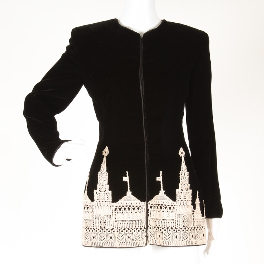 Black Velveteen Jacket with Soutache Style Cityscape Motif