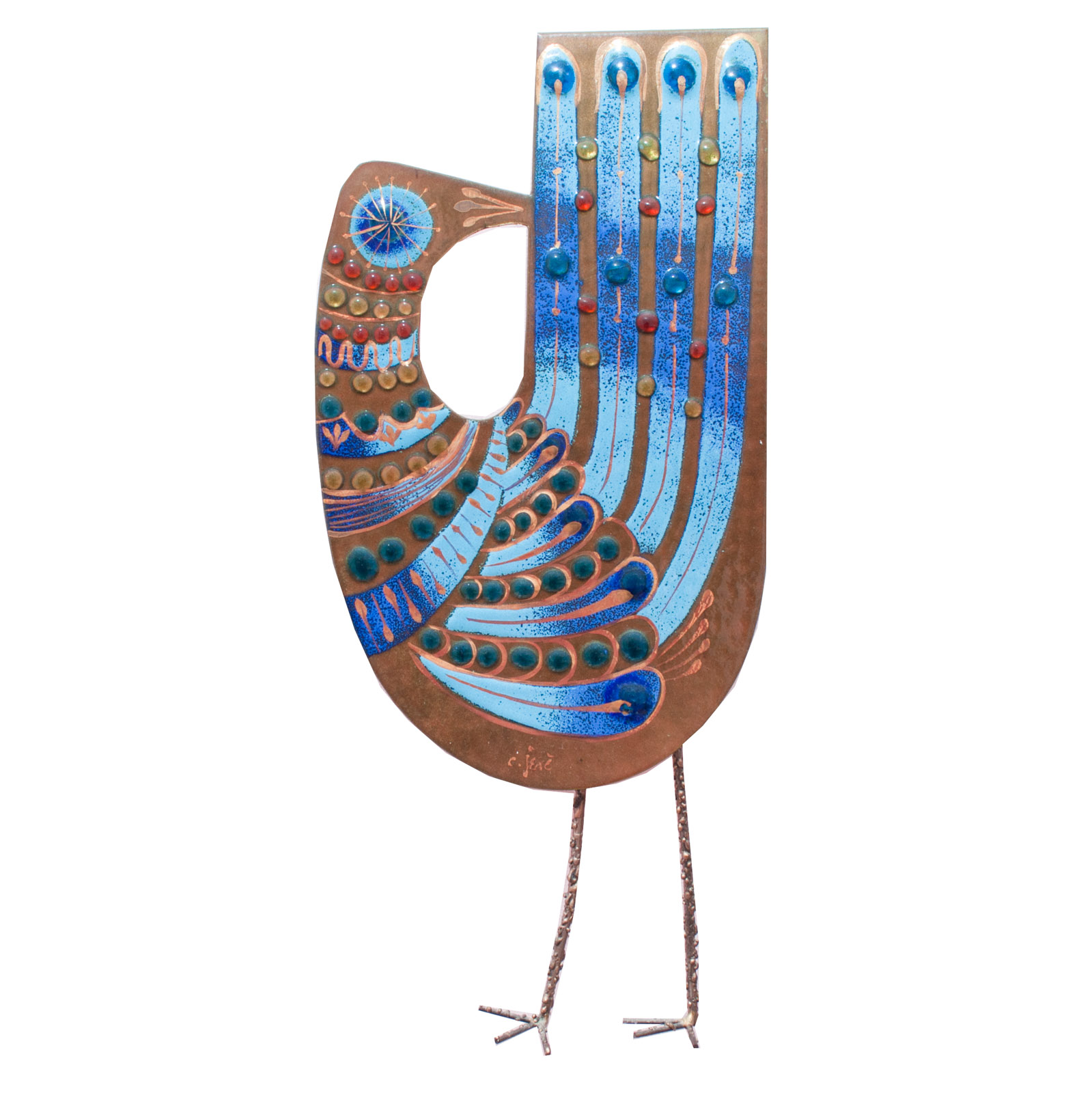 Curtis Jeré Mid Century Modern Enameled Metal Blue Peacock Wall Sculpture