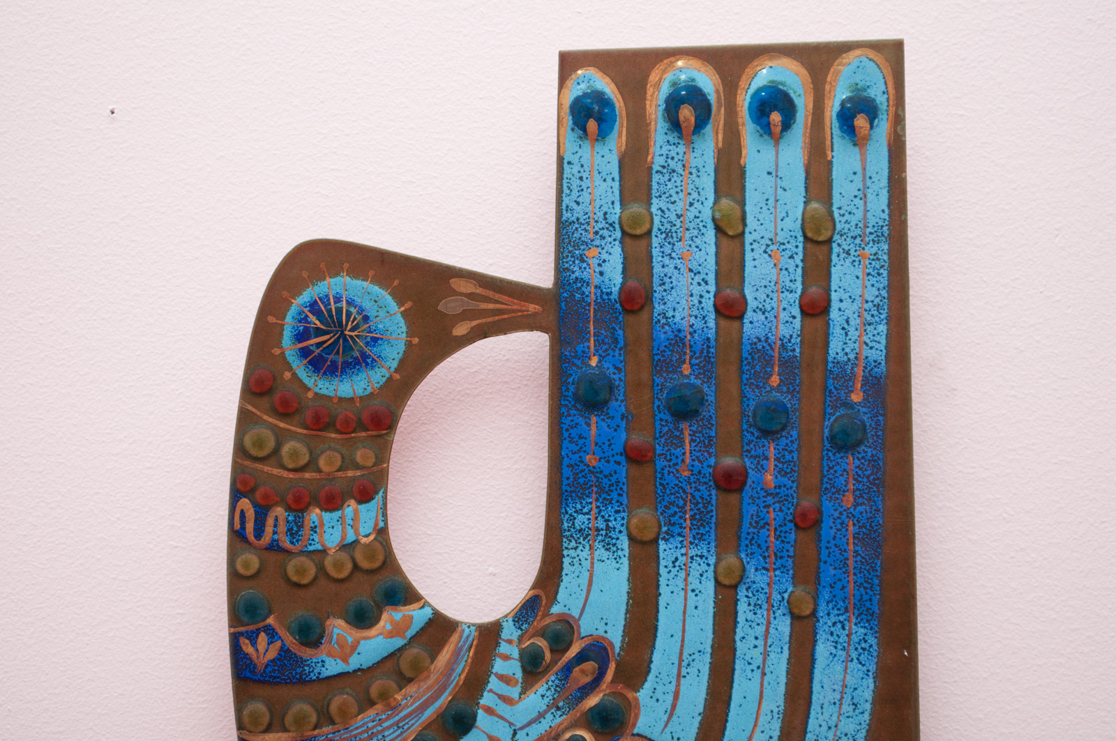 Curtis Jeré Mid Century Modern Enameled Metal Blue Peacock Wall Sculpture