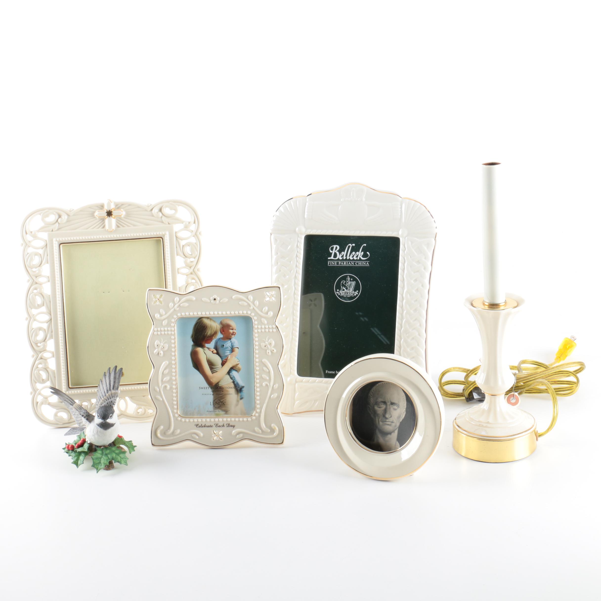 Lenox and Beleek Porcelain Picture Frames with Lenox Figurine and Candle Light