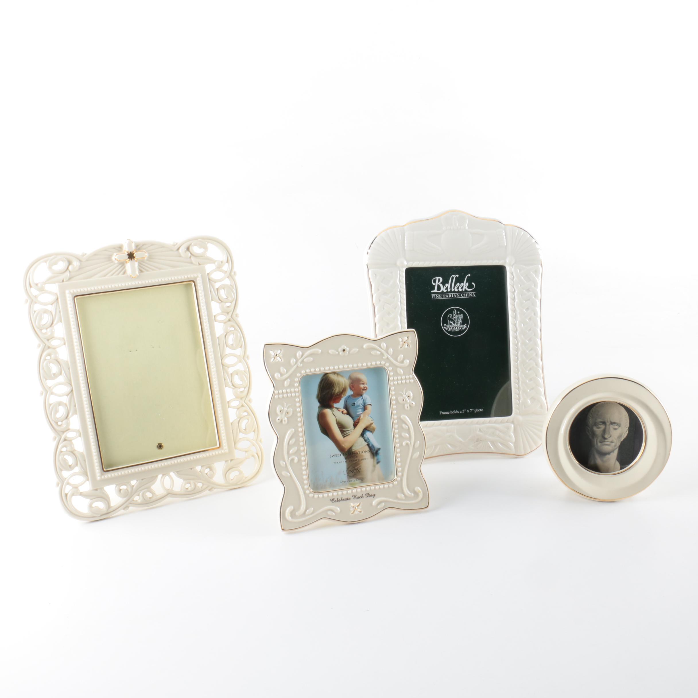 Lenox and Beleek Porcelain Picture Frames with Lenox Figurine and Candle Light