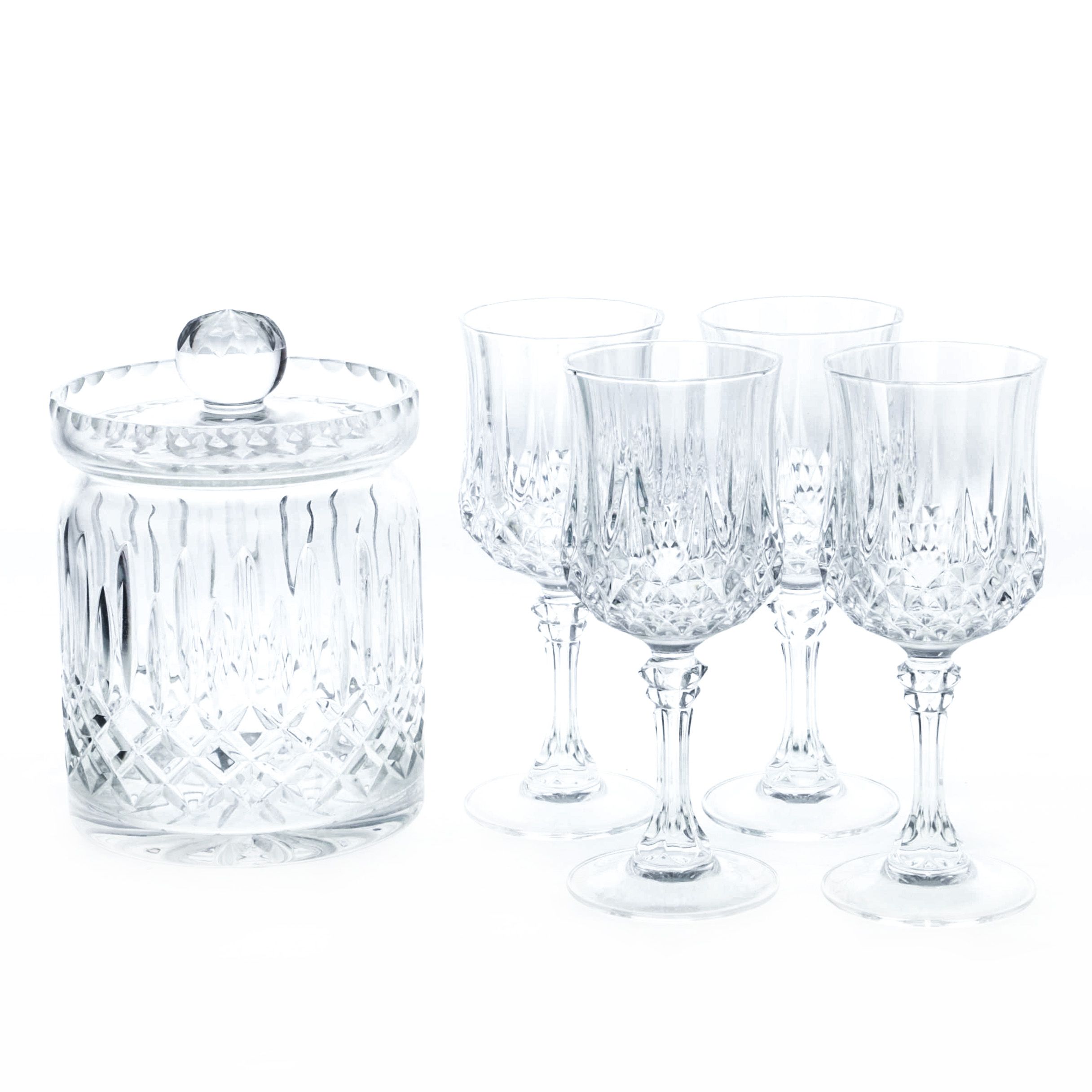 Lenox "Mystic" Crystal Biscuit Barrel and Stemmed Glasses