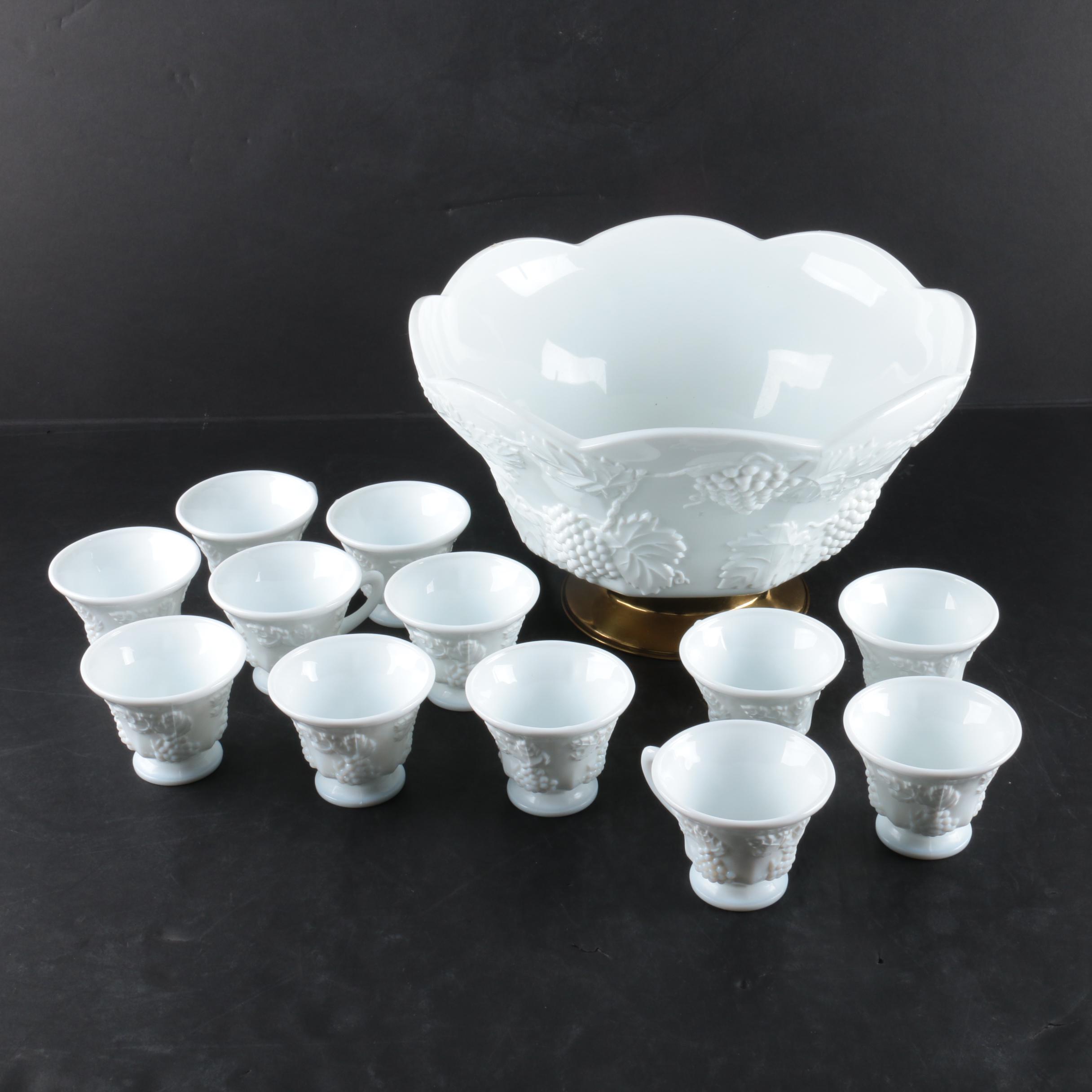 Colony Glass "Harvest" Milk Glass Punch Bowl and Cups