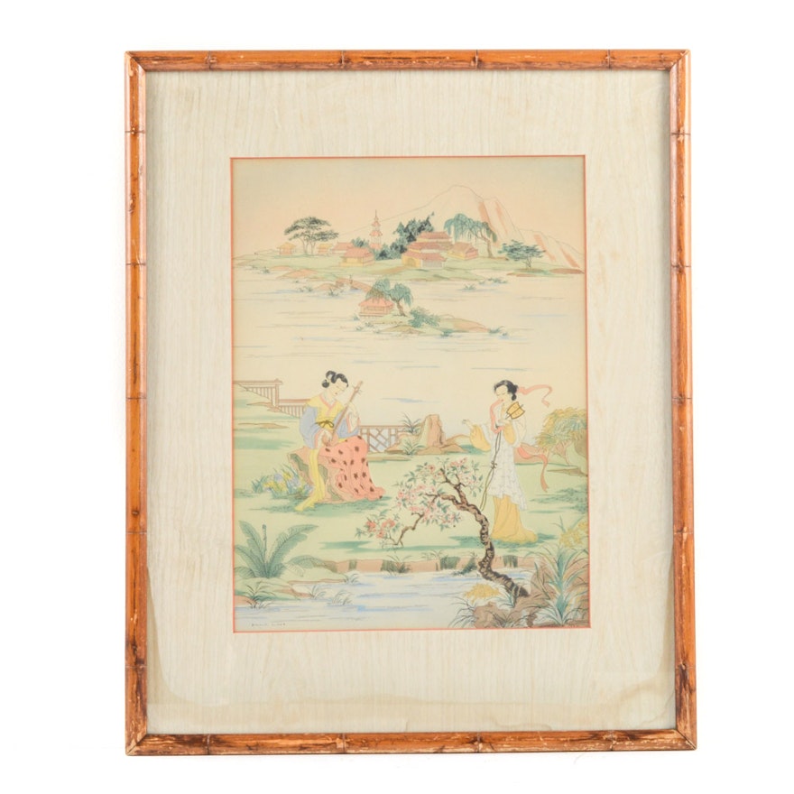 Enila Lowe Offset Lithograph of Japanese Scene
