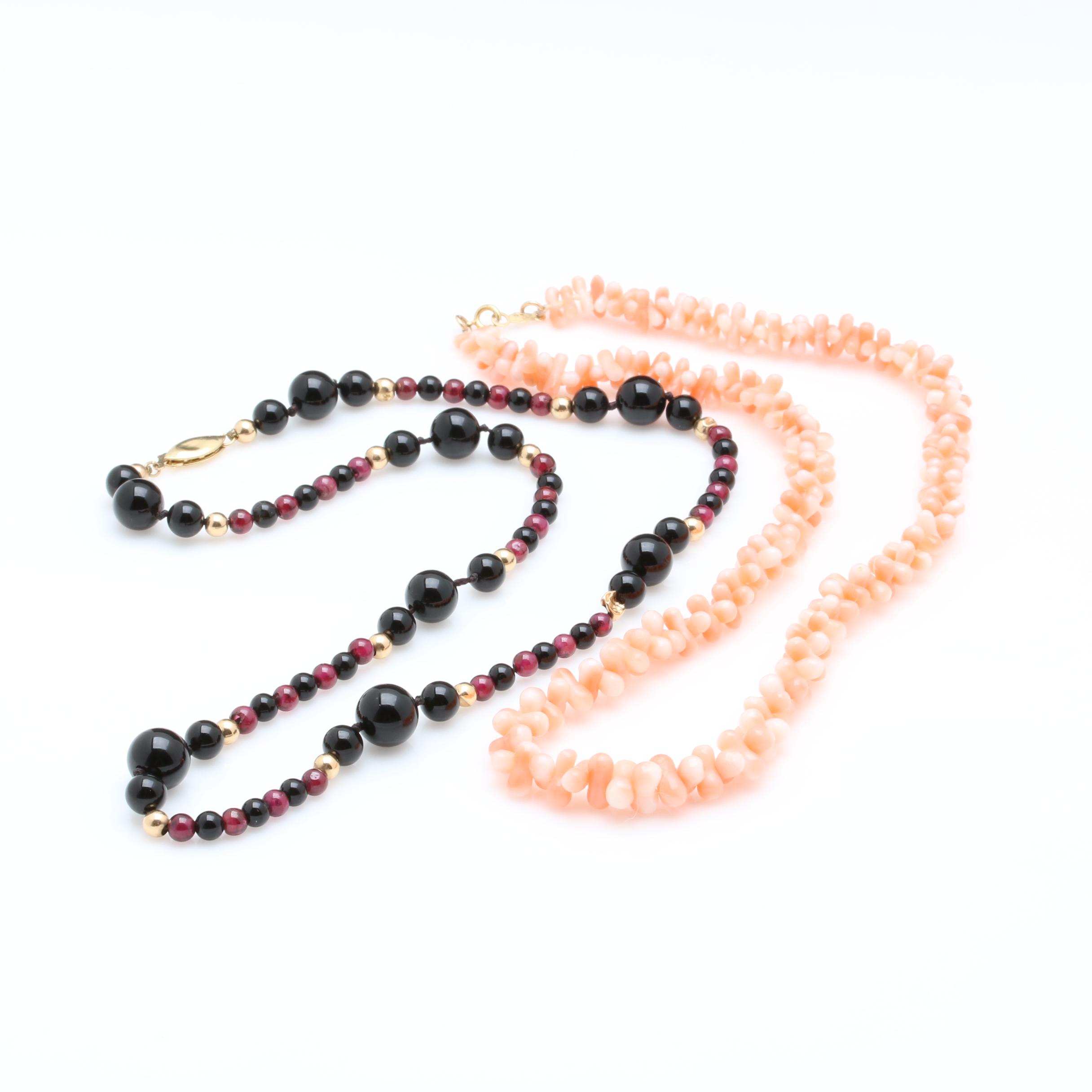 14K Yellow Gold Coral, Rhodolite Garnet and Black Onyx Bead Necklaces