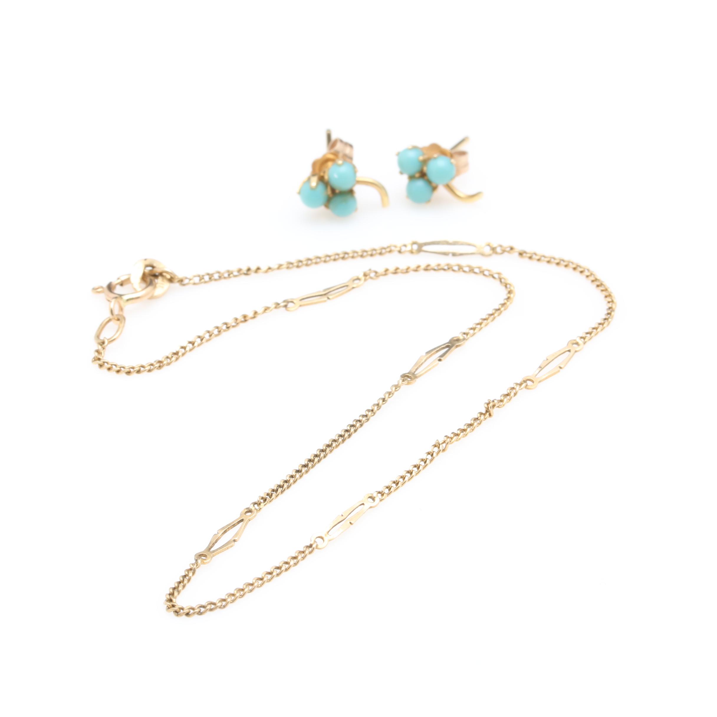 14K Yellow Gold Anklet and Earrings Including Imitation Turquoise
