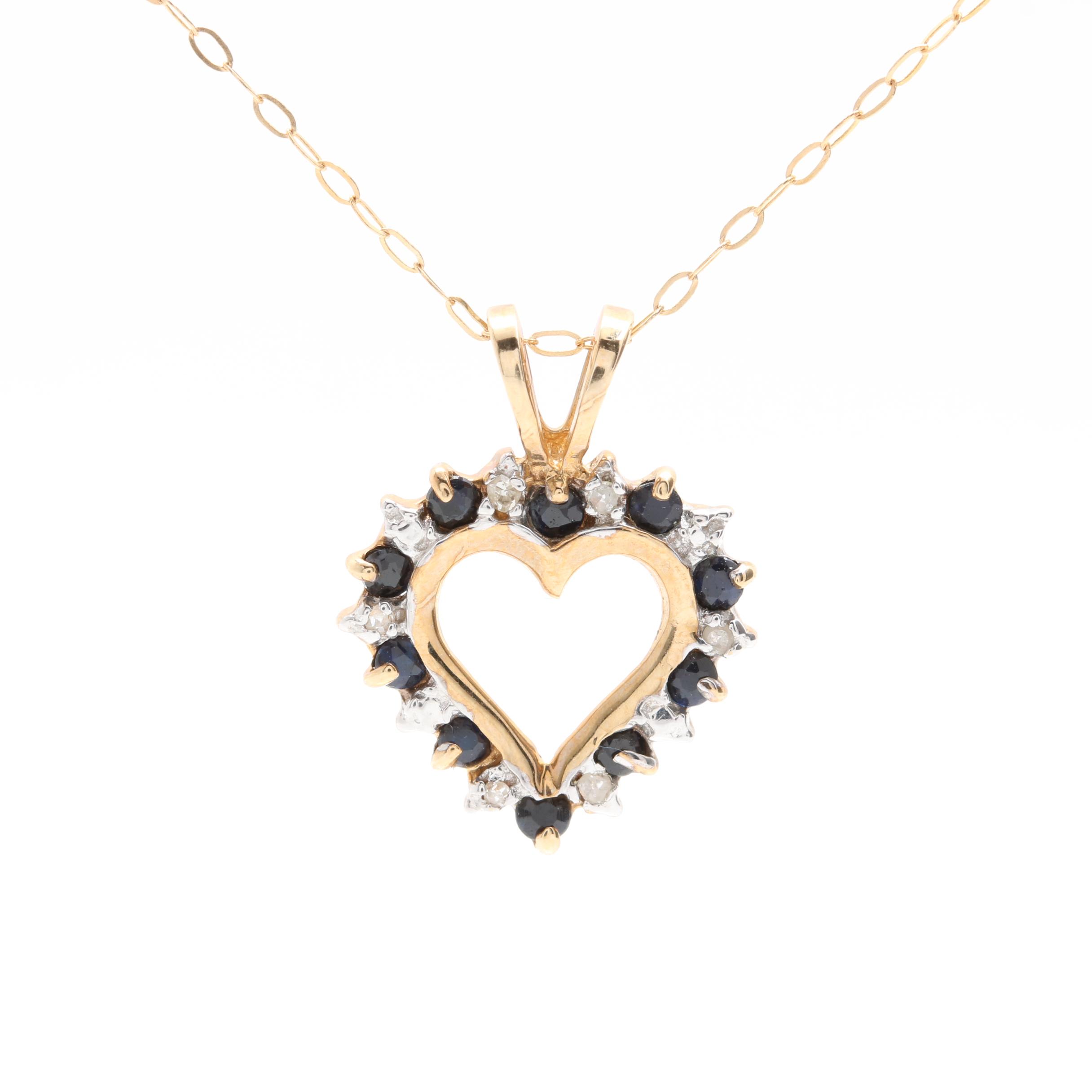 10K Yellow Gold Sapphire and Diamond Heart Necklace