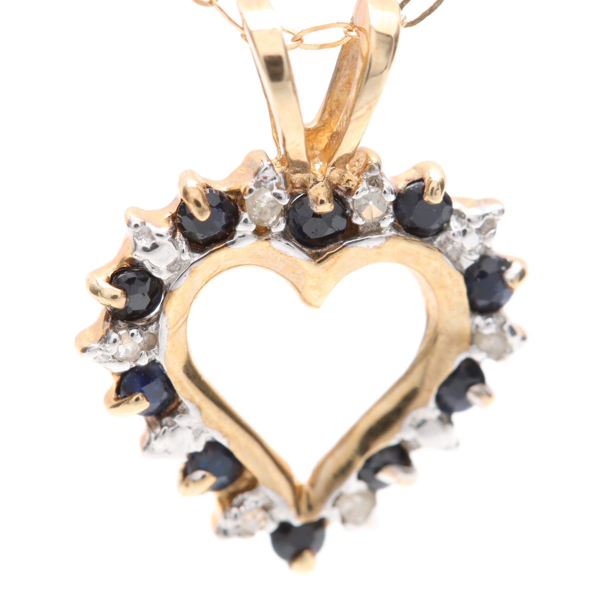 10K Yellow Gold Sapphire and Diamond Heart Necklace