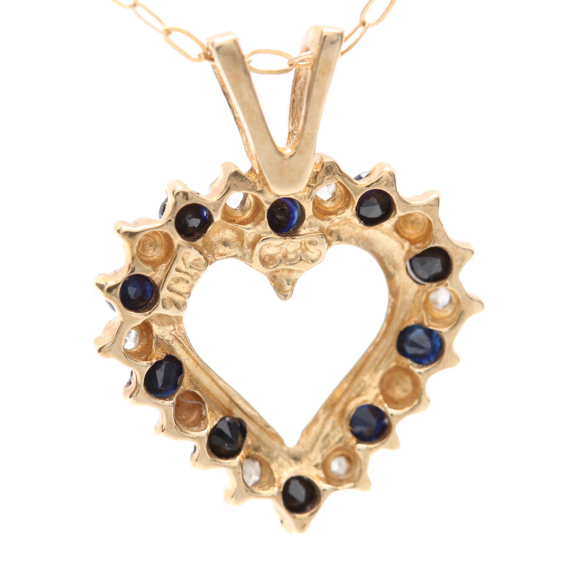 10K Yellow Gold Sapphire and Diamond Heart Necklace