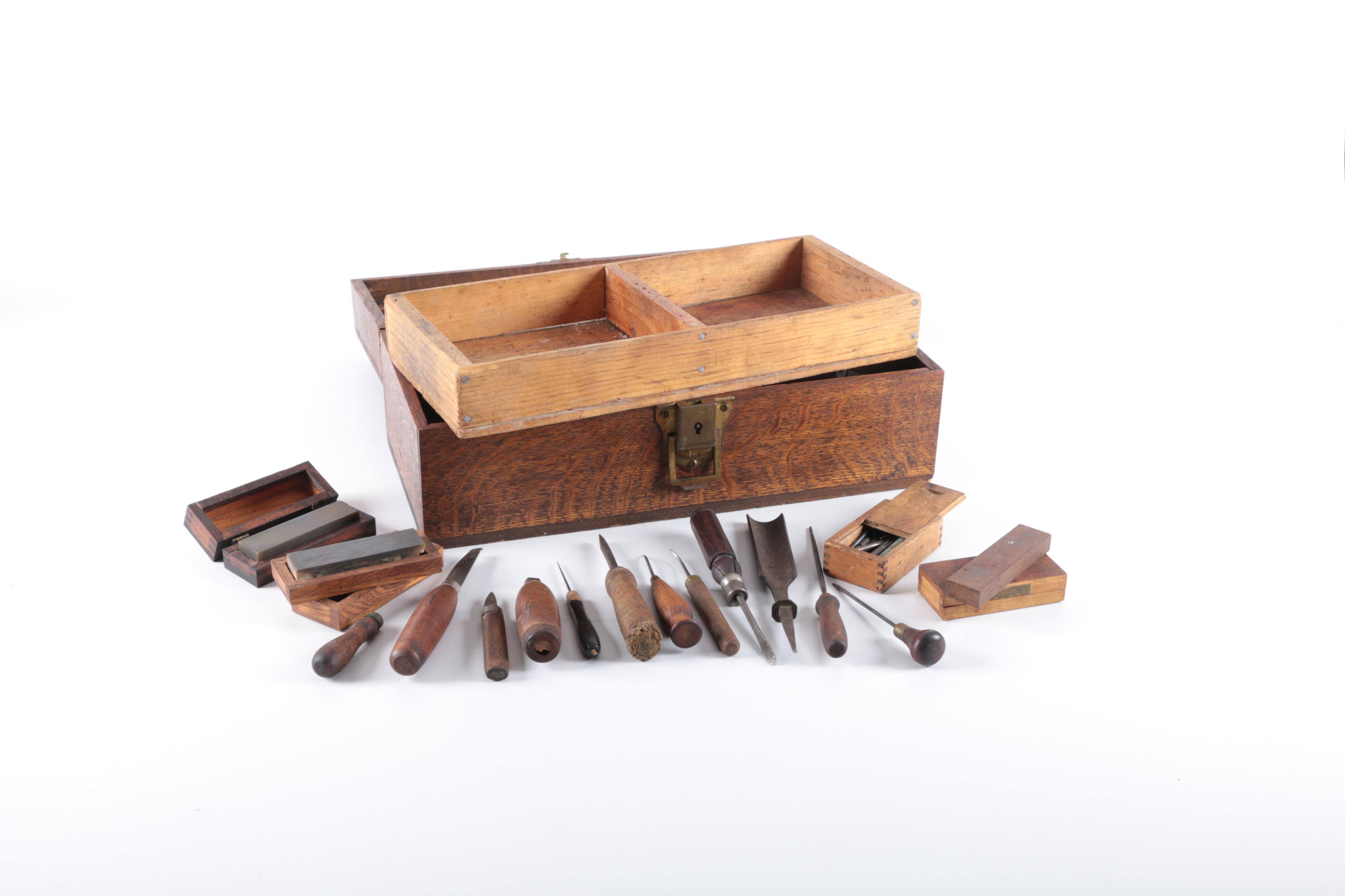 Vintage Wooden Toolbox with Wood Carving Tools