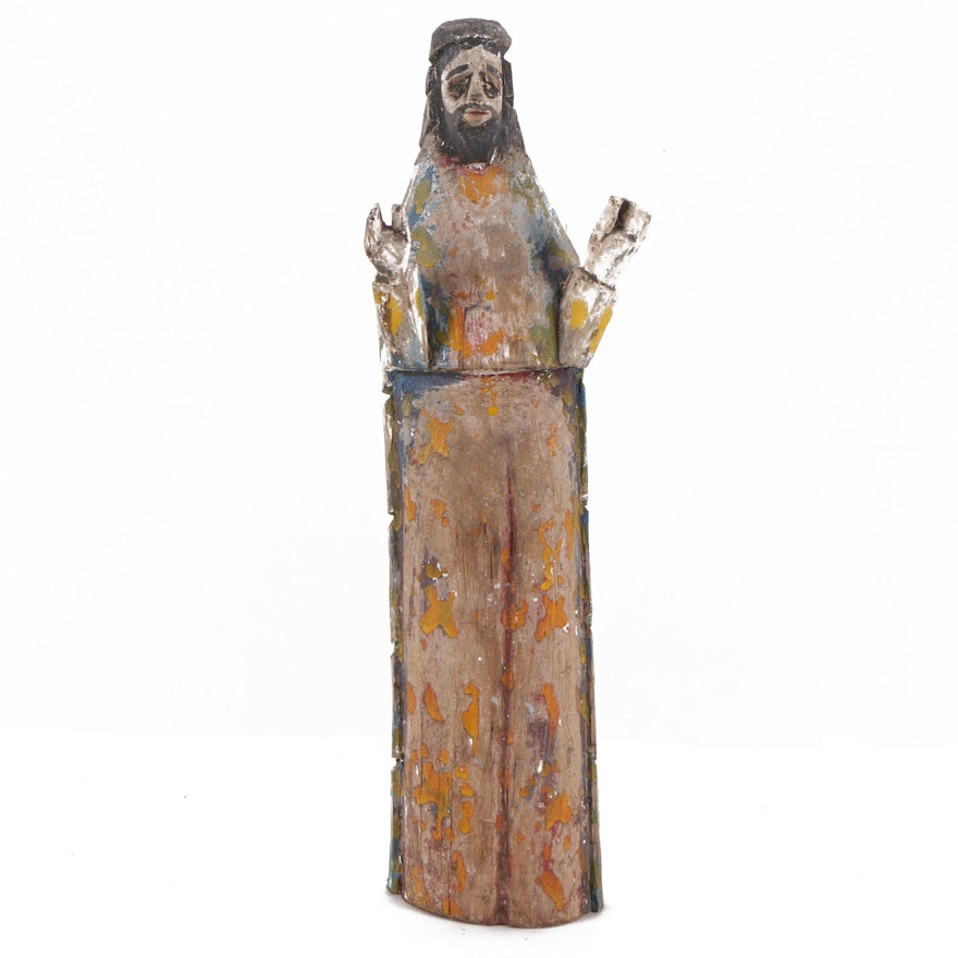 N.F. Polychrome Wooden Carving of Christlike Figure