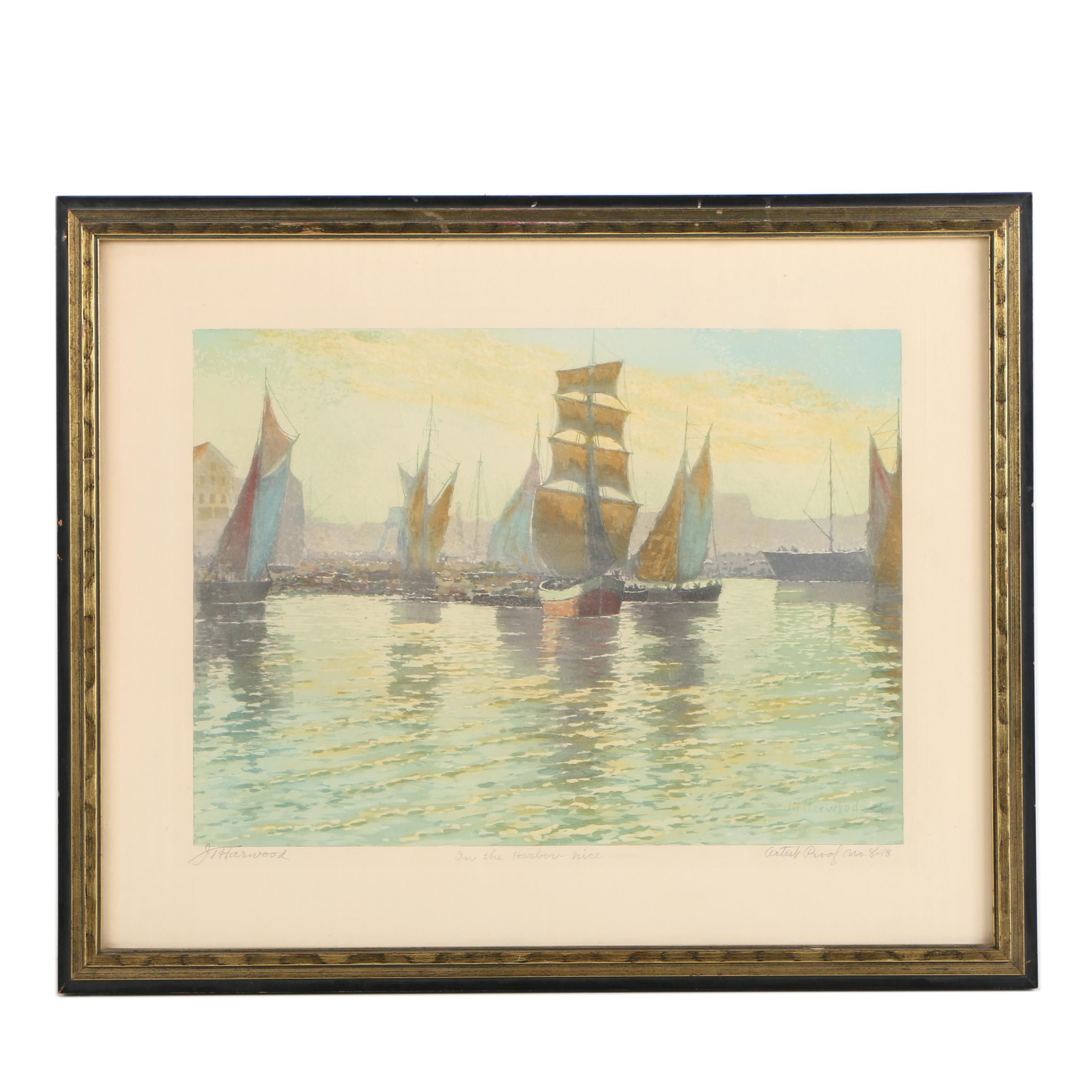 J.T. Harwood 1930 Etching with Aquatint "In the Harbor - Nice"