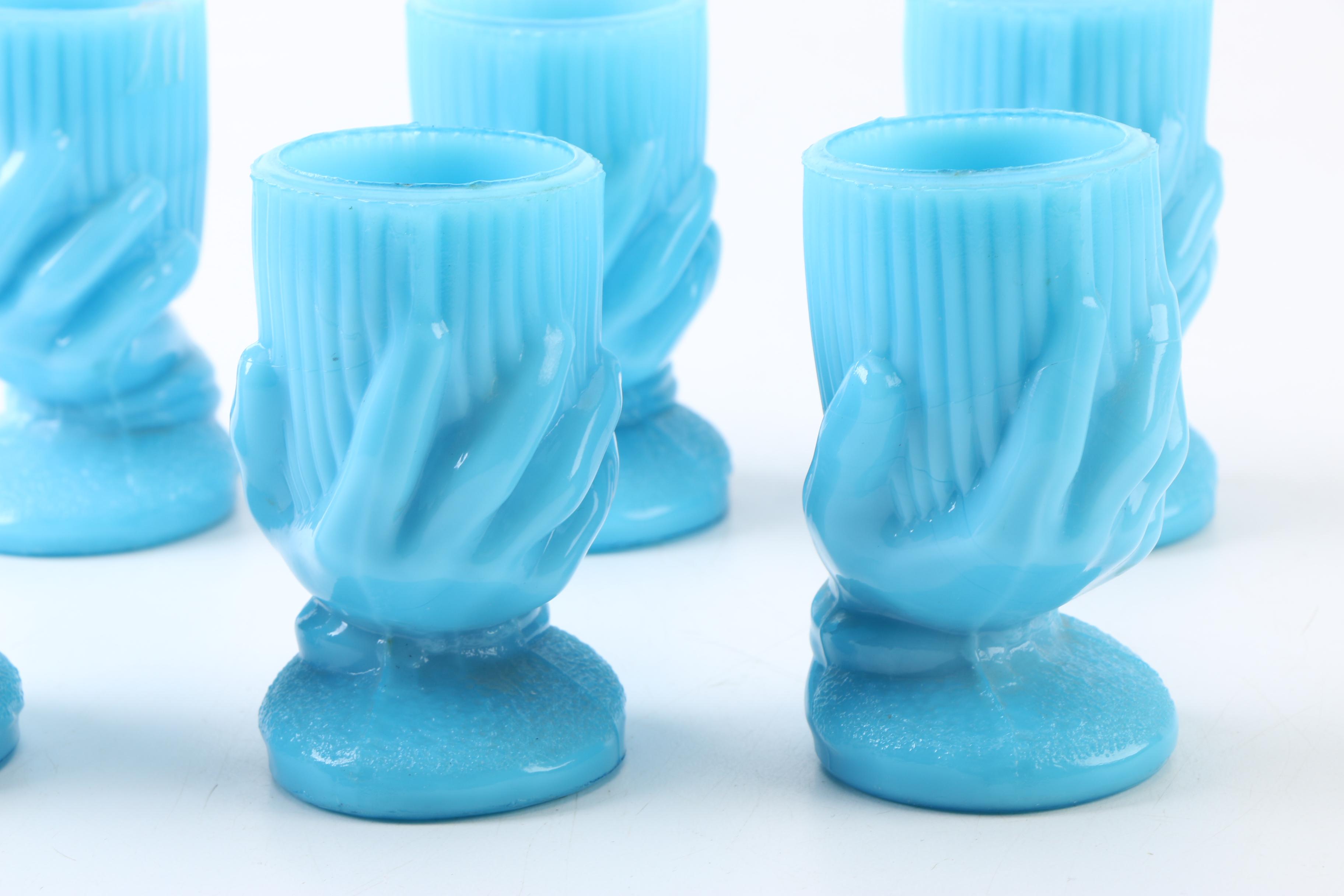 Portieux Vallerysthal Blue Opaline Glass "Beggar's Hand" Toothpick Holders