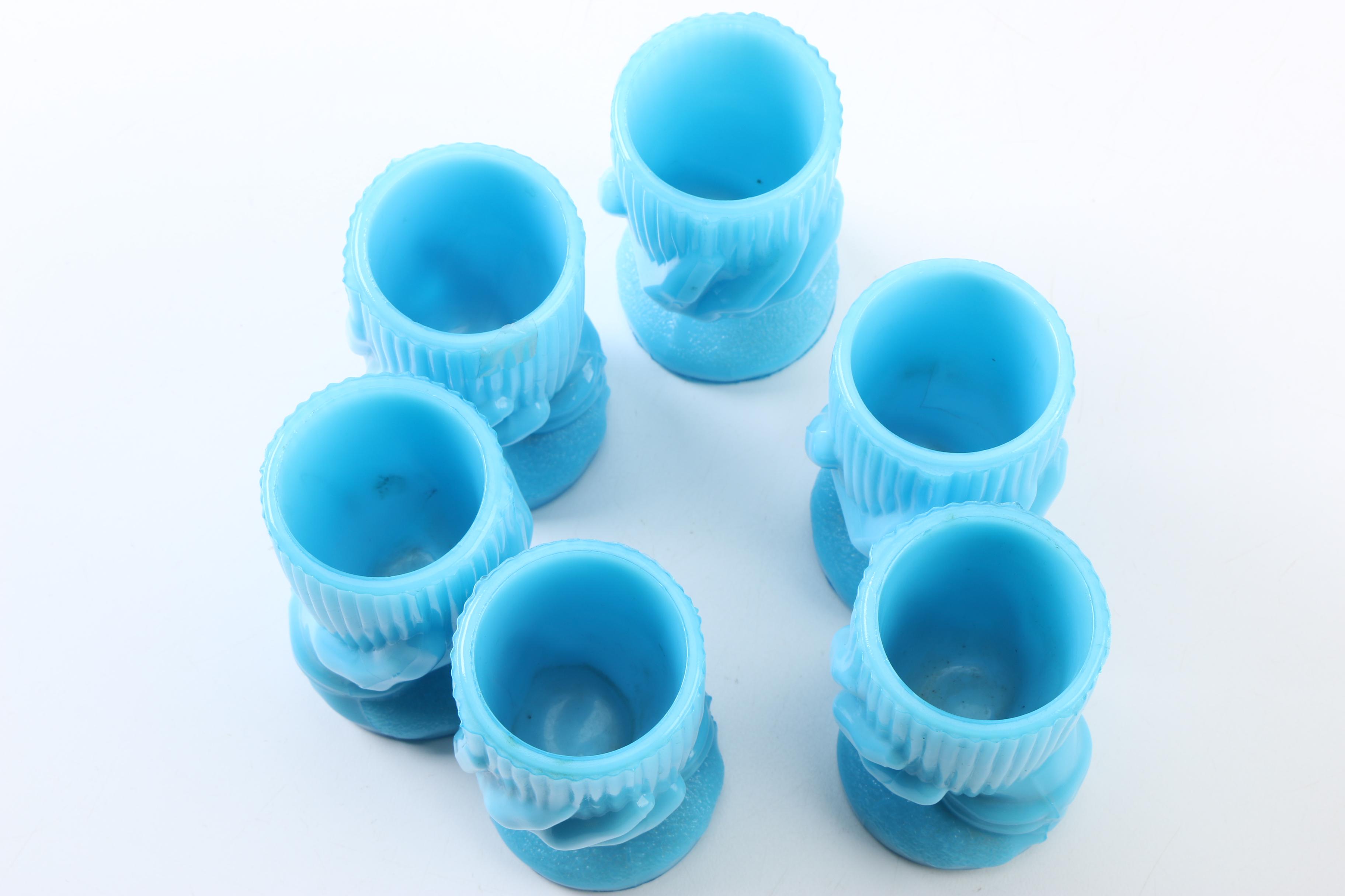 Portieux Vallerysthal Blue Opaline Glass "Beggar's Hand" Toothpick Holders