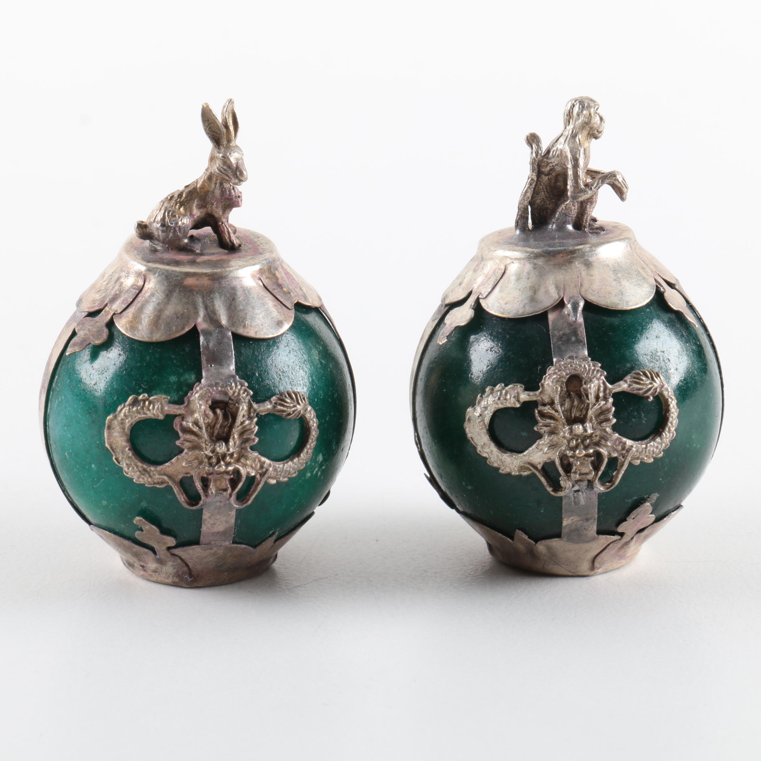 Ornate Figurative Metal Wrapped Dyed Marble Chinese Hat Finial Style Orbs