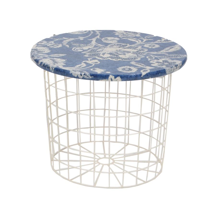 Round Wire Patio Side Table With Floral Fabric Top