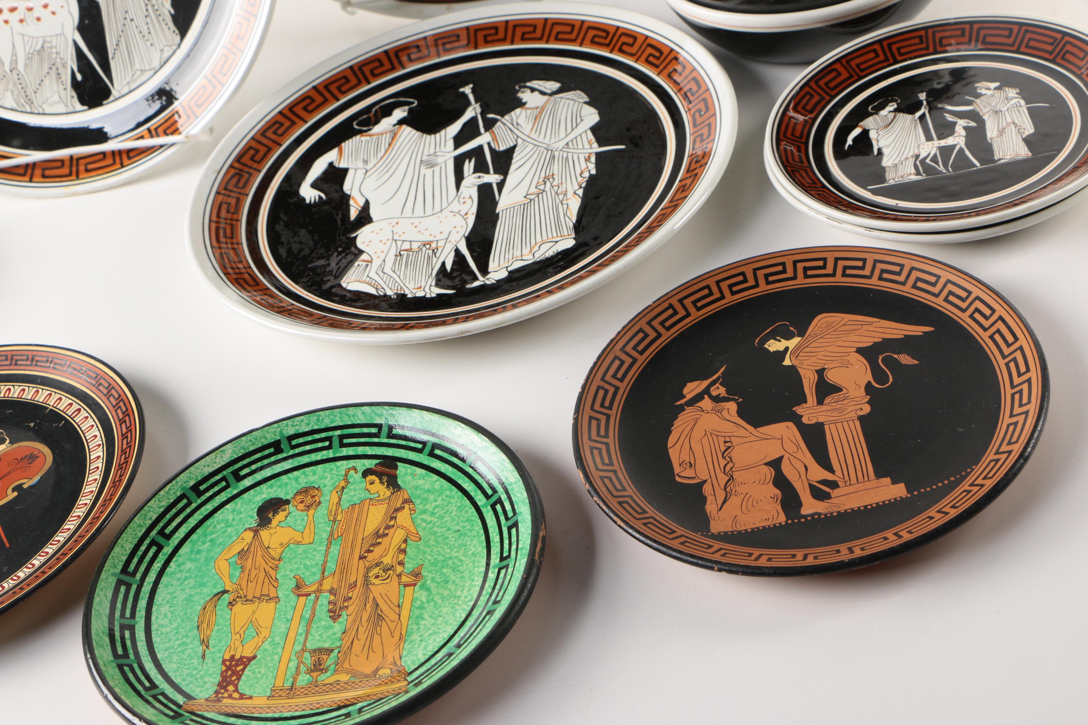 Hand-Painted Greek Souvenir Ceramic Plates and Bowls