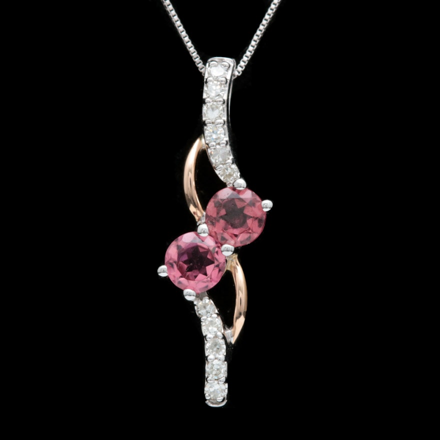 10K Two-Tone Gold, Pink Tourmaline and Diamond Pendant with Chain