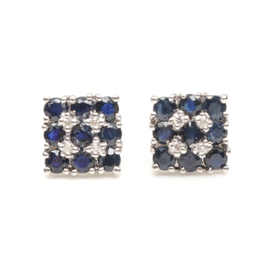 14K White Gold Diamond and Blue Sapphire Earrings